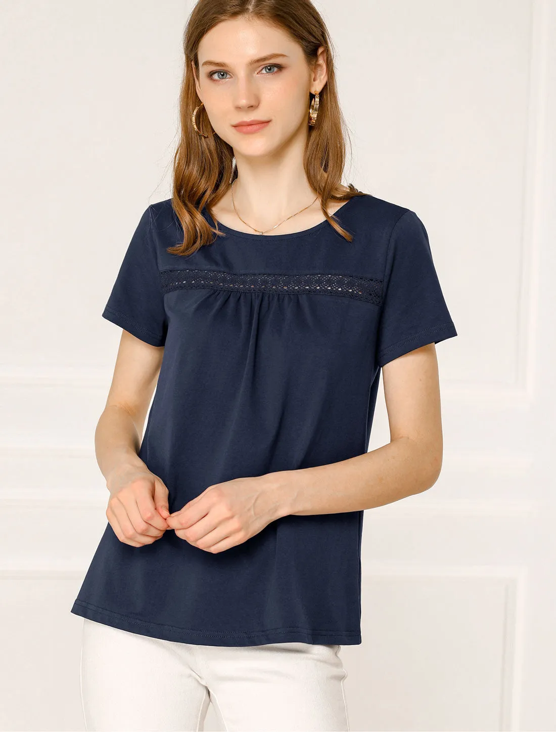 Basic Solid Round Neck Short Sleeve Lace Inset Pleated Front T-shirt sold by Allegra K product image thumbnail 3