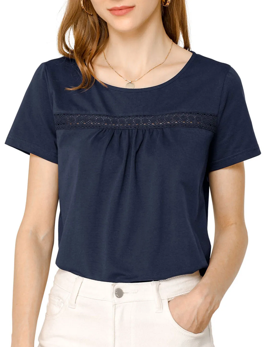 Basic Solid Round Neck Short Sleeve Lace Inset Pleated Front T-shirt sold by Allegra K product image thumbnail 2