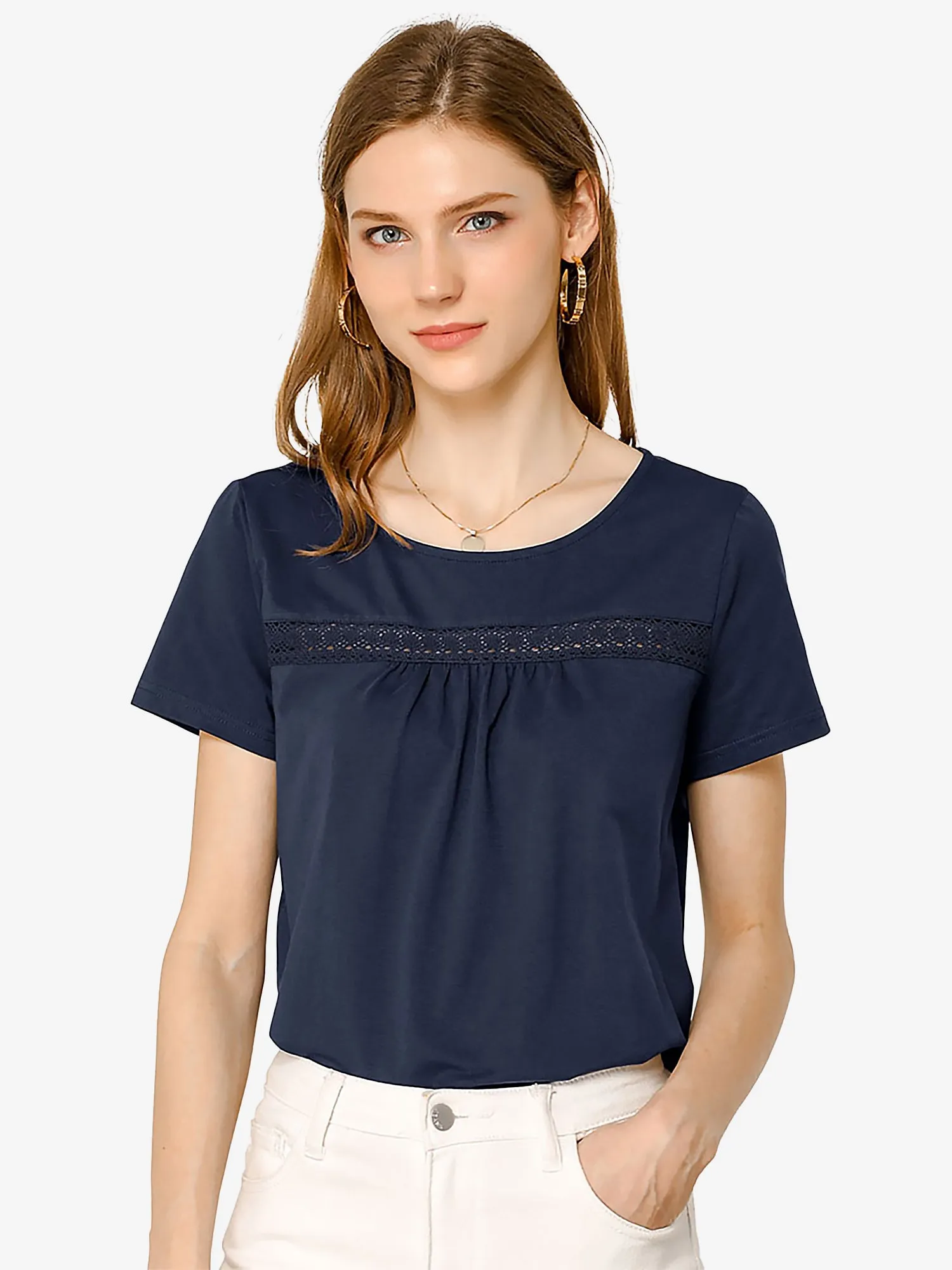 Basic Solid Round Neck Short Sleeve Lace Inset Pleated Front T-shirt sold by Allegra K