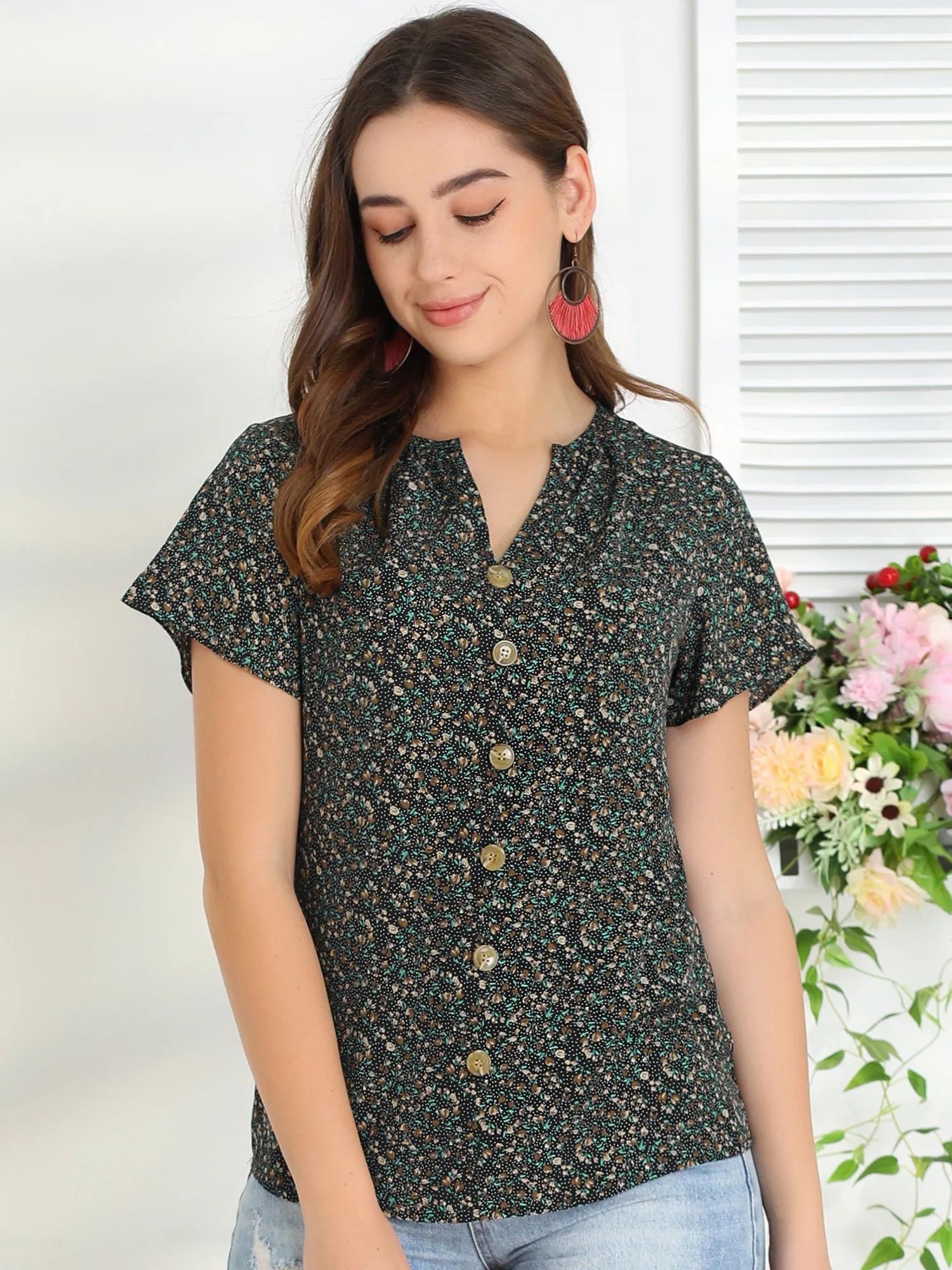 Summer Flutter Sleeve Tops V-Neck Button Front Ditsy Floral Blouse sold by Allegra K