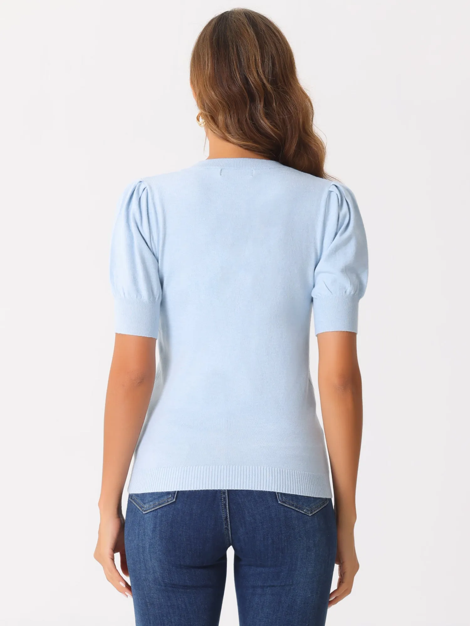 Crew Neck Lantern Short Sleeve Casual Ribbed Knit Top Blouse sold by Allegra K product image thumbnail 3