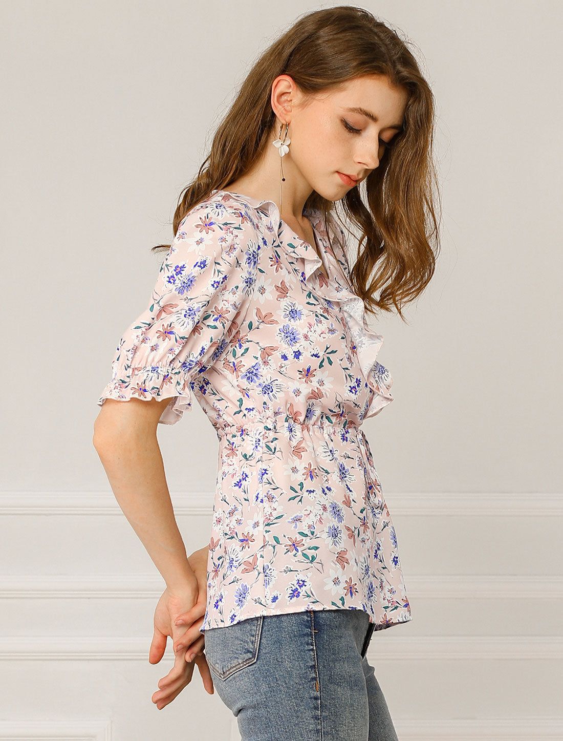 Chiffon Ruffle V Neck Drawstring Floral Summer Blouse sold by Allegra K product image thumbnail 3