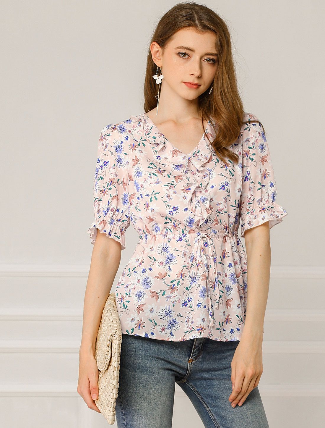 Chiffon Ruffle V Neck Drawstring Floral Summer Blouse sold by Allegra K product image thumbnail 2