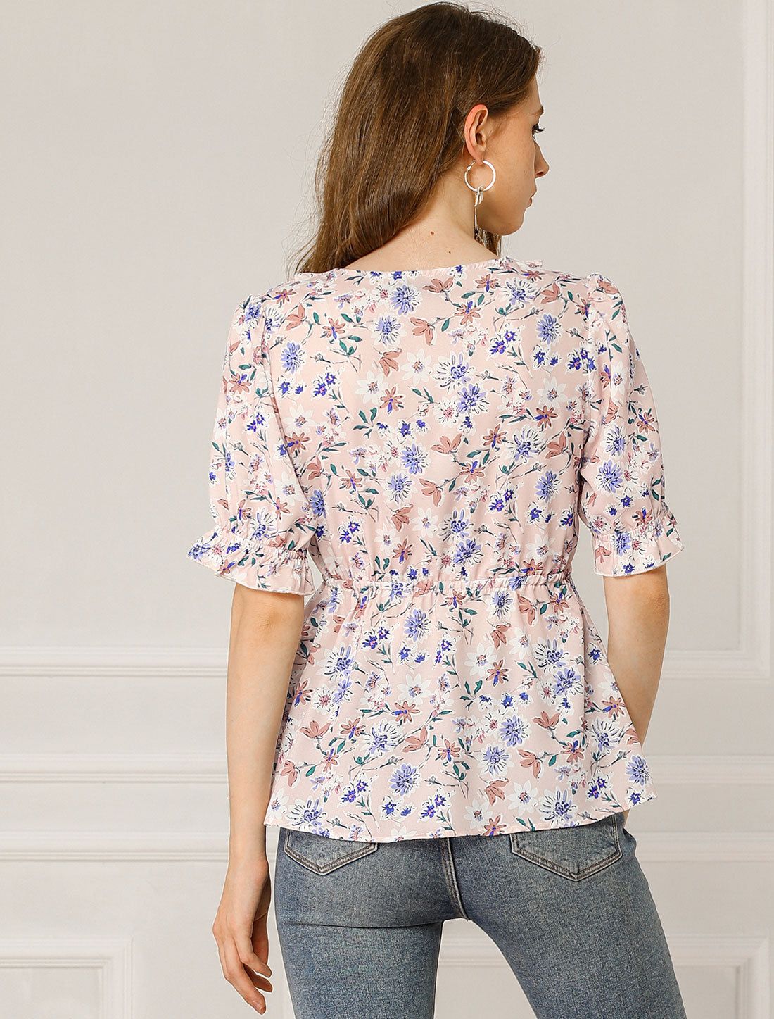 Chiffon Ruffle V Neck Drawstring Floral Summer Blouse sold by Allegra K product image thumbnail 4