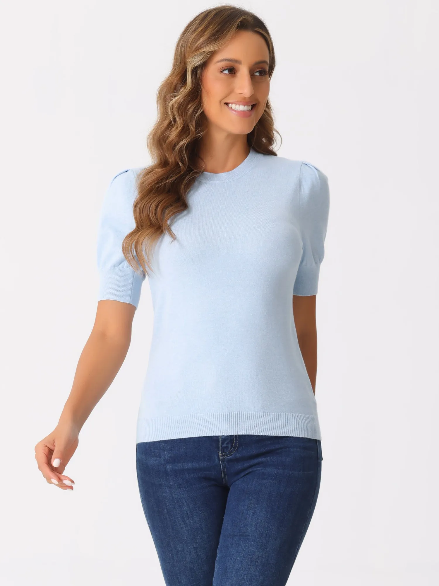 Crew Neck Lantern Short Sleeve Casual Ribbed Knit Top Blouse sold by Allegra K product image thumbnail 2