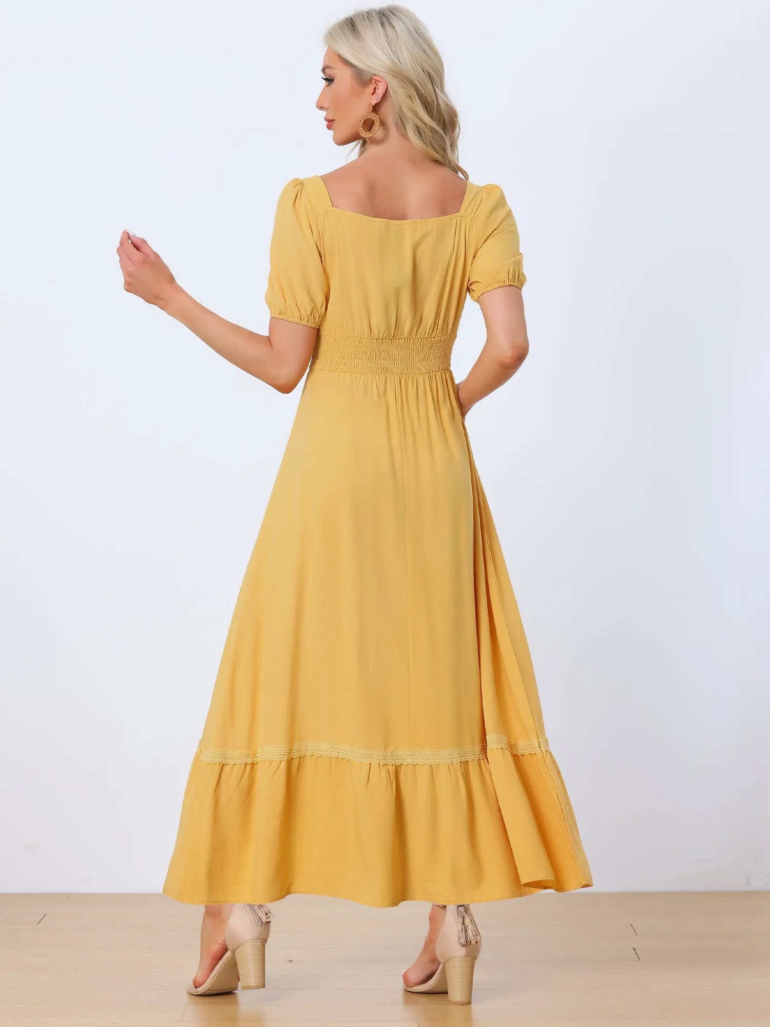 Long Boho V Neck Puff Short Sleeves Beach Party Flowy Maxi Dresses sold by Allegra K product image thumbnail 3
