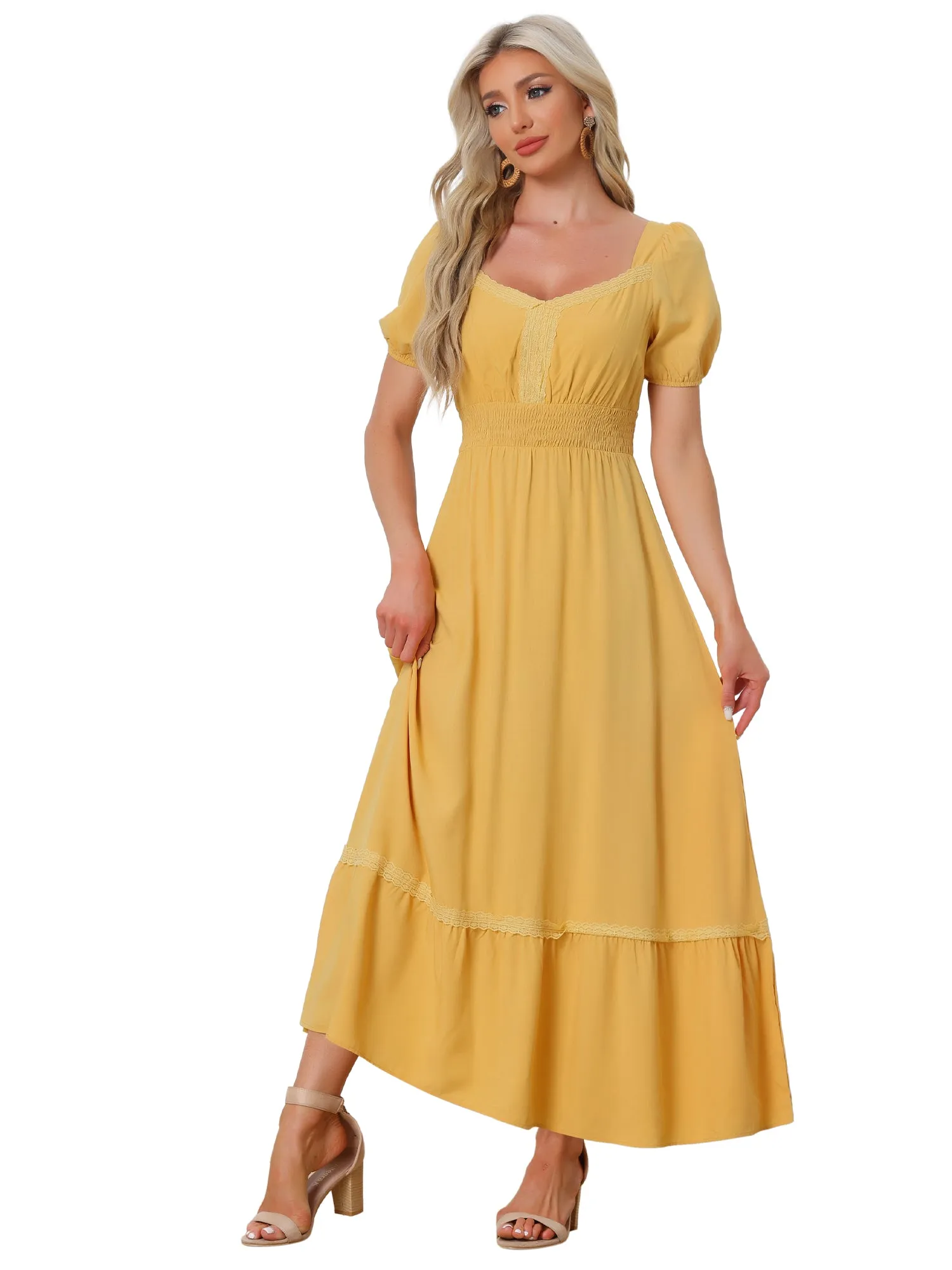 Long Boho V Neck Puff Short Sleeves Beach Party Flowy Maxi Dresses sold by Allegra K product image thumbnail 4