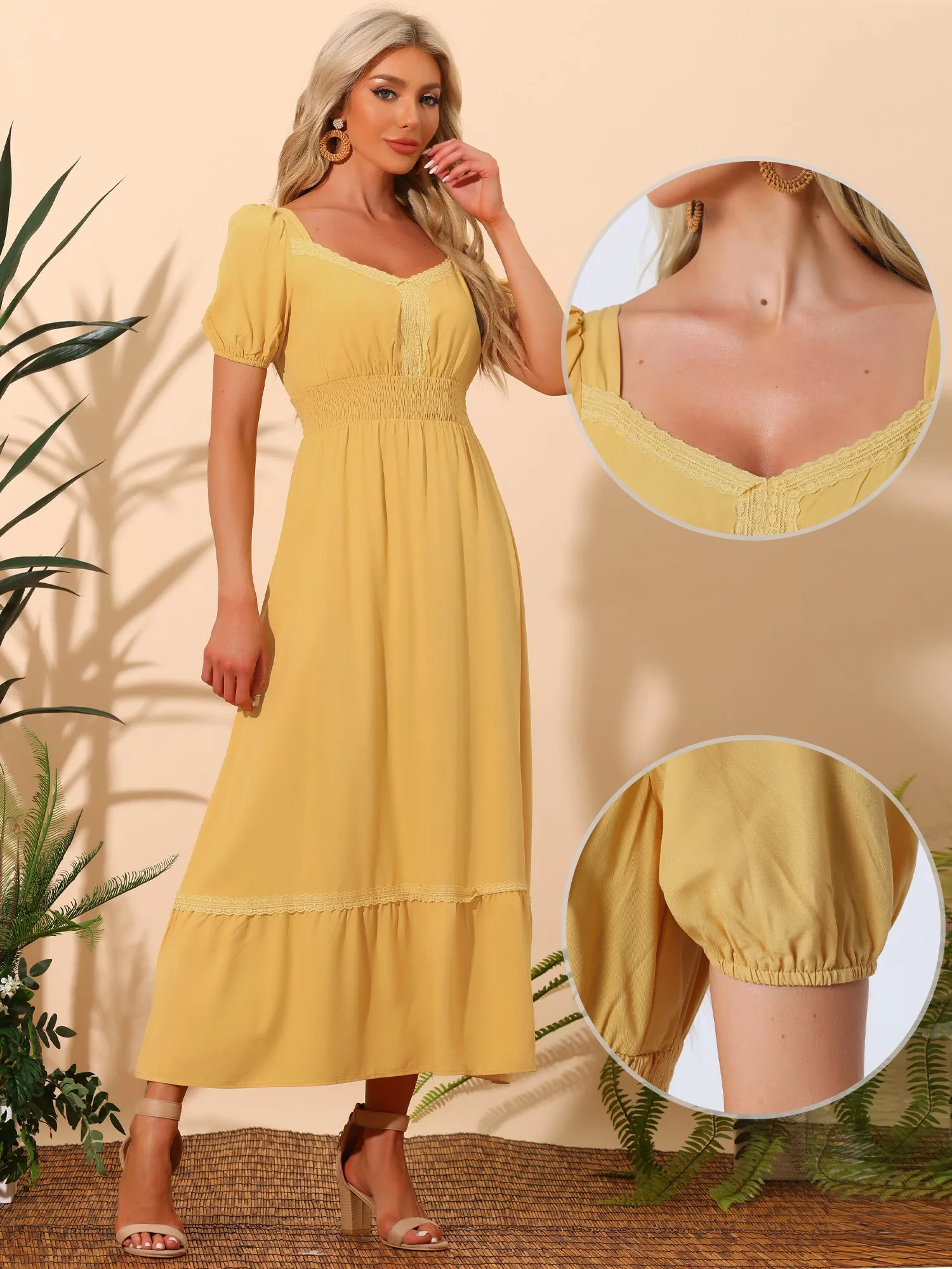Long Boho V Neck Puff Short Sleeves Beach Party Flowy Maxi Dresses sold by Allegra K product image thumbnail 2