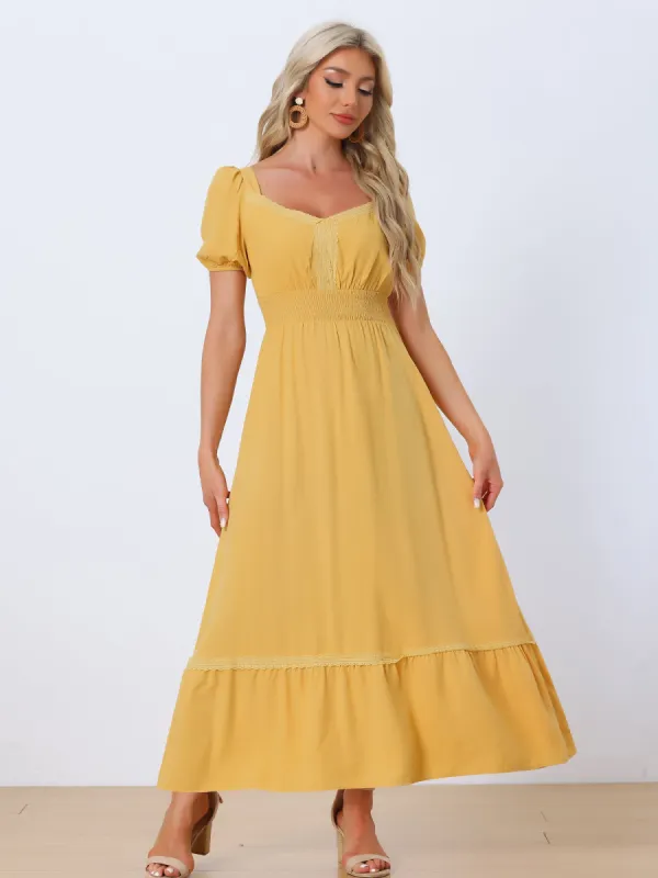 Long Boho V Neck Puff Short Sleeves Beach Party Flowy Maxi Dresses sold by Allegra K