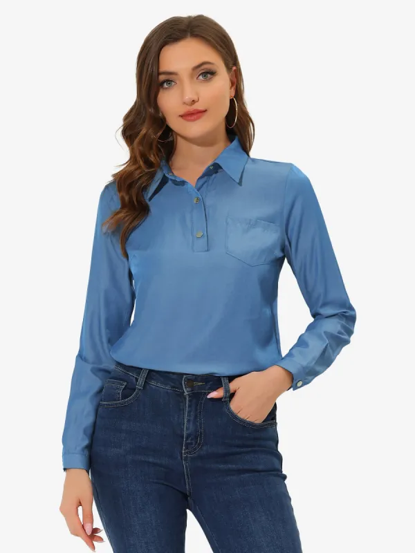Button Down V Neck Chambray Long Sleeve Loose Casual Shirt sold by Allegra K