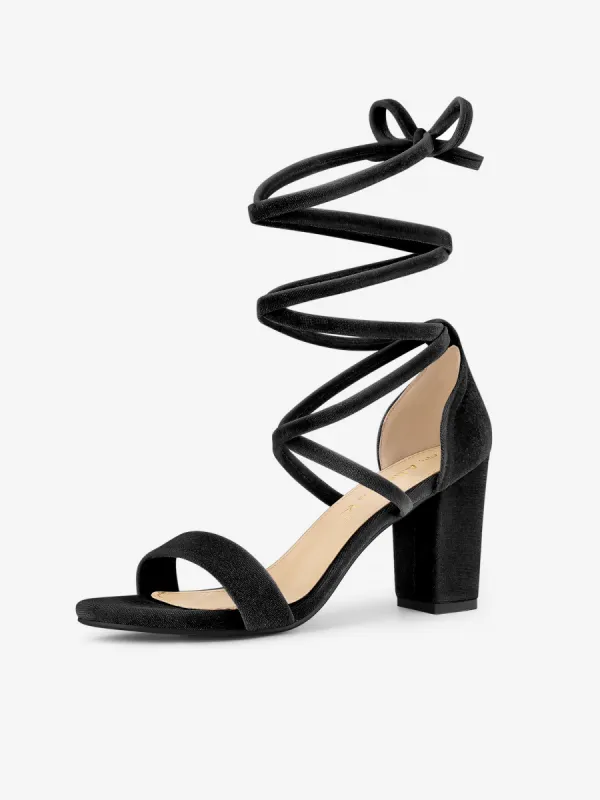 Women's Faux Velvet Lace Up Chunky Heel Strappy Sandals sold by Allegra K