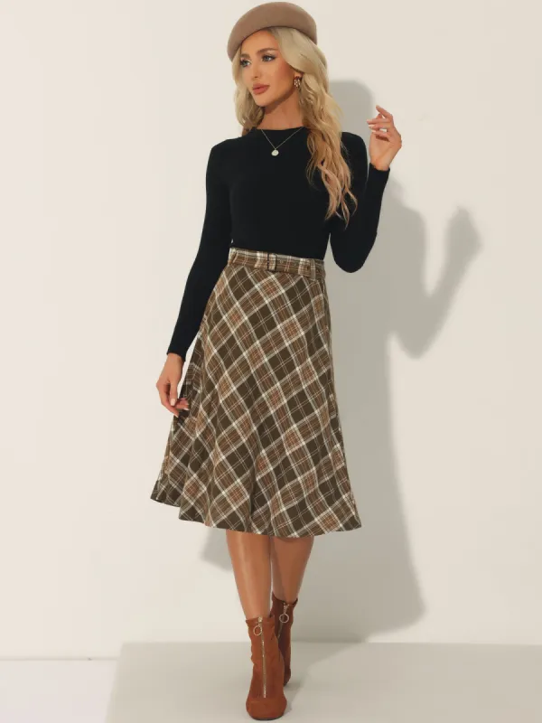 Vintage Tartan Plaid High Waist Belted Retro A-Line Midi Skirt sold by Allegra K