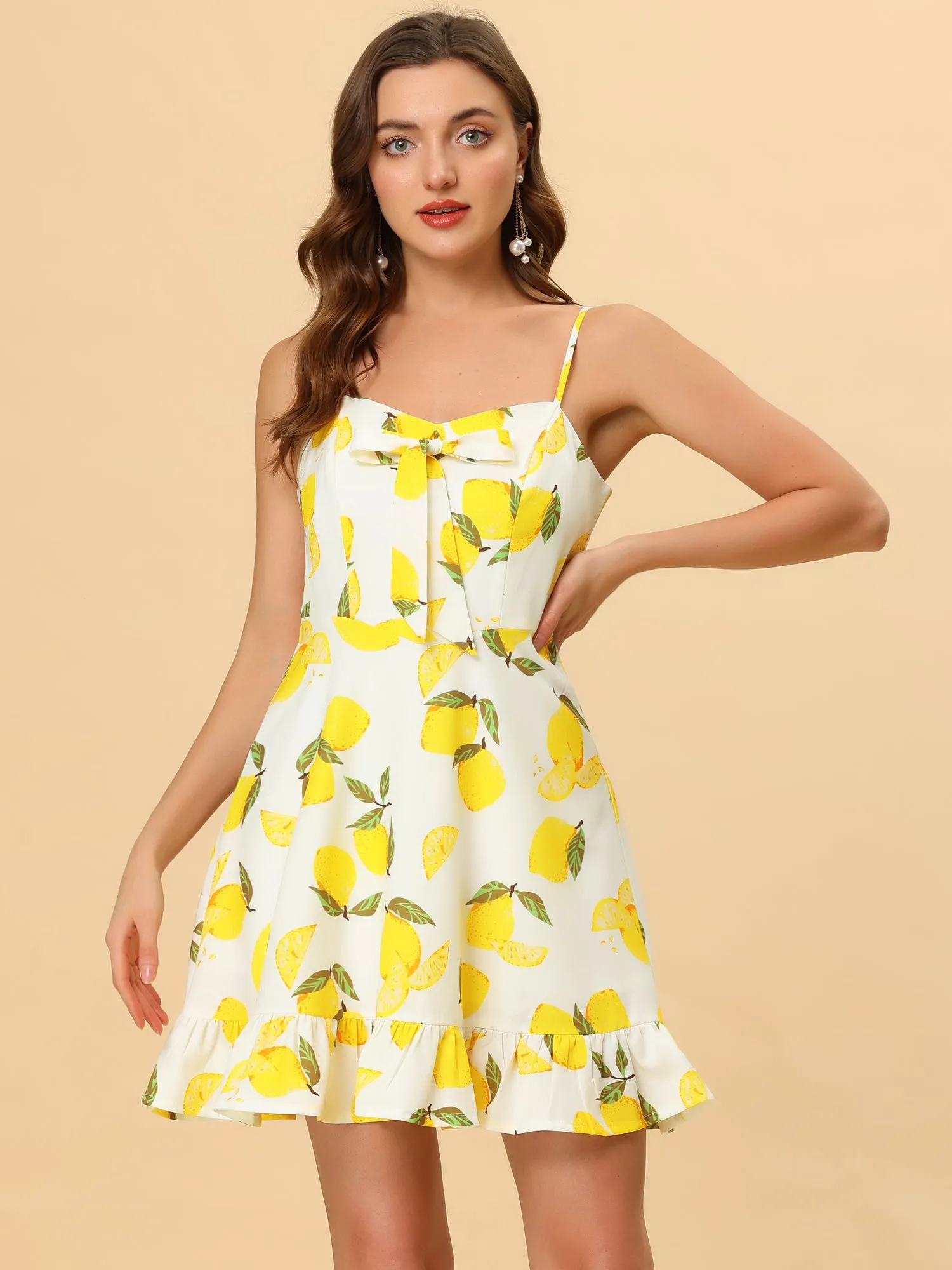 Ruffle Bow Knot Mini Sundress Lemon Spaghetti Strap Dress sold by Allegra K product image thumbnail 3