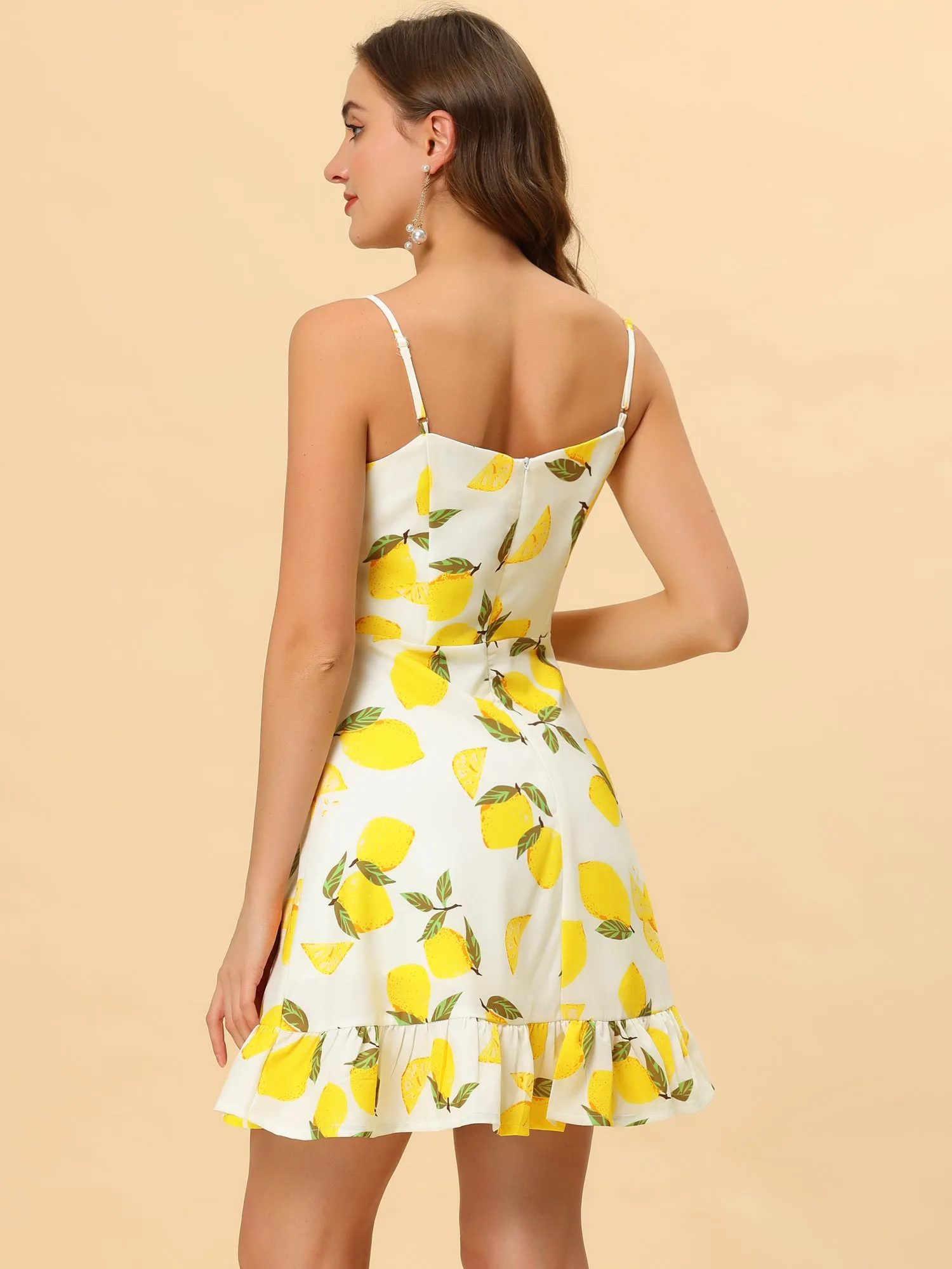 Ruffle Bow Knot Mini Sundress Lemon Spaghetti Strap Dress sold by Allegra K product image thumbnail 4