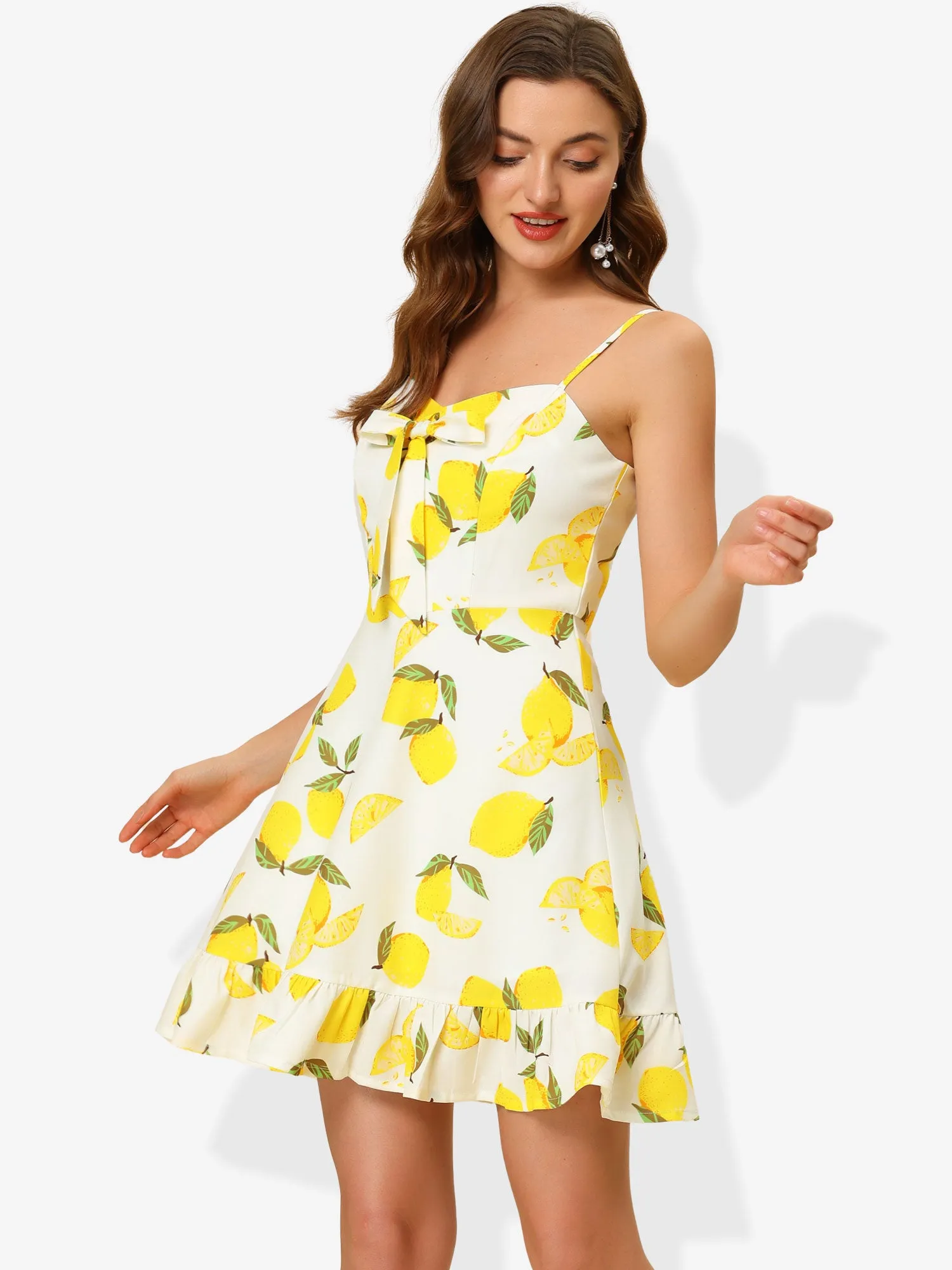 Ruffle Bow Knot Mini Sundress Lemon Spaghetti Strap Dress sold by Allegra K