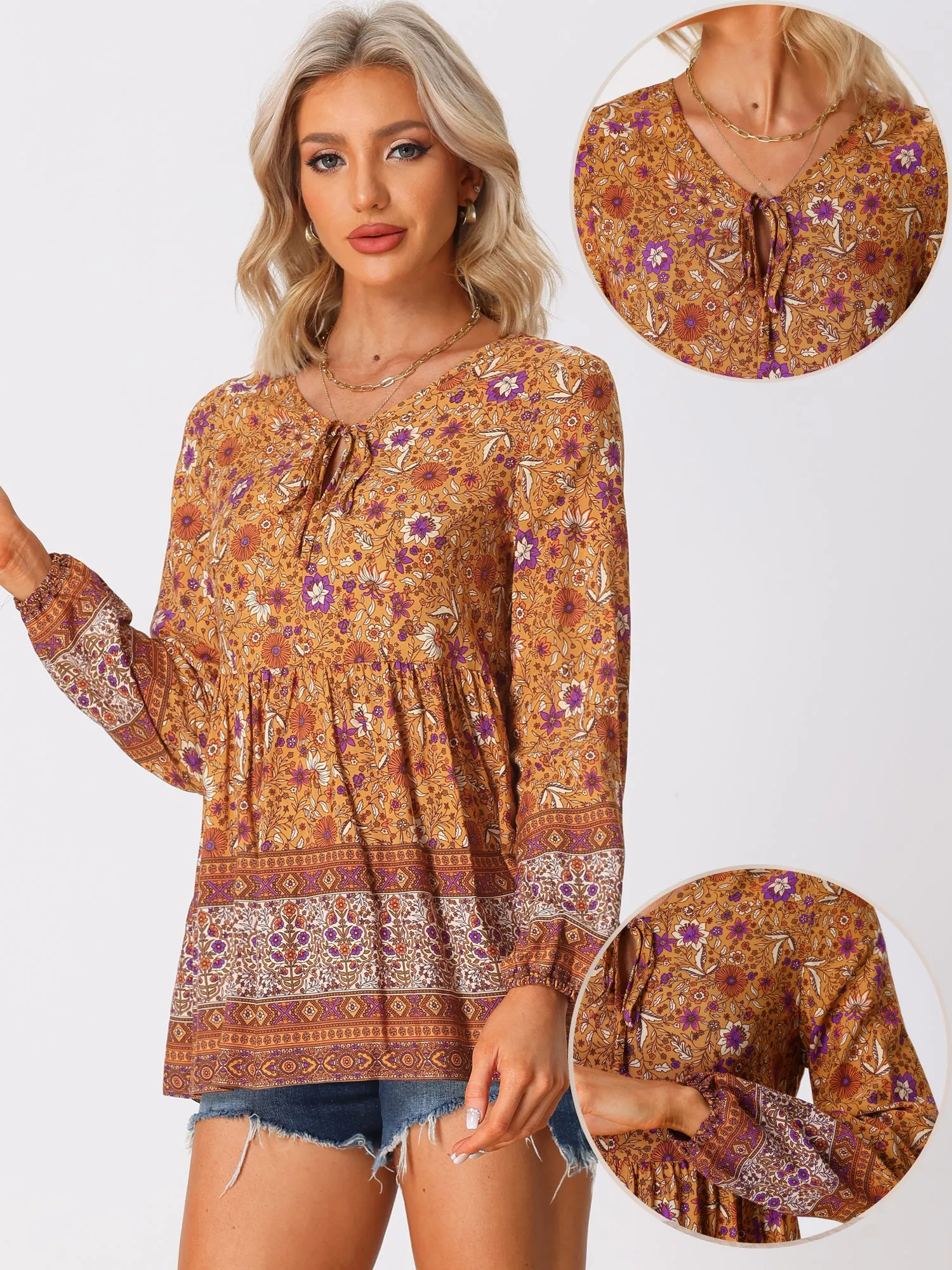 Long Sleeve V Neck Boho Casual Floral Blouse sold by Allegra K product image thumbnail 2