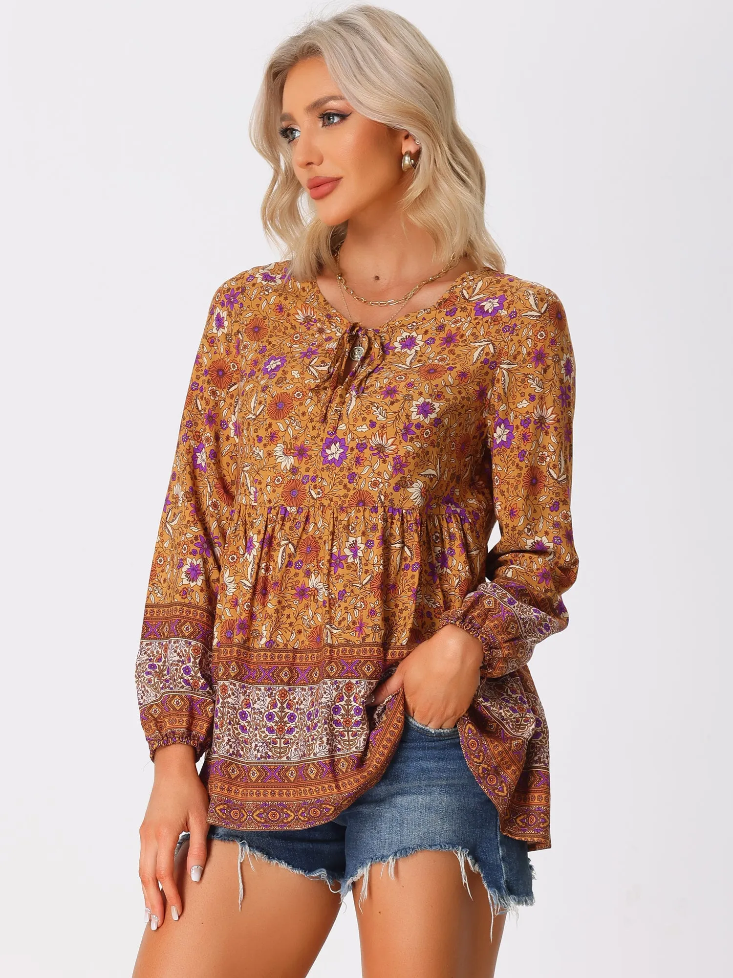 Long Sleeve V Neck Boho Casual Floral Blouse sold by Allegra K product image thumbnail 4