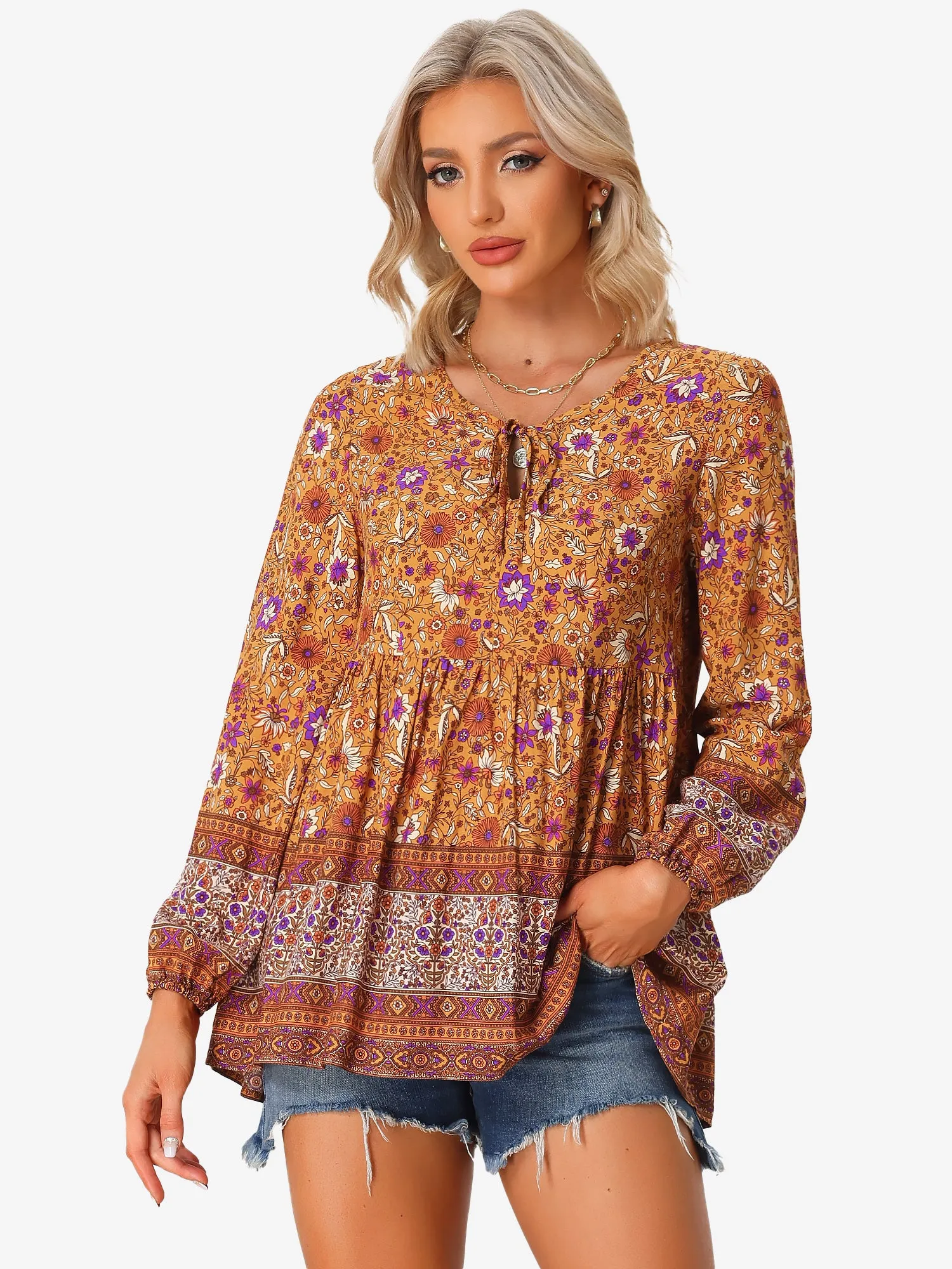 Long Sleeve V Neck Boho Casual Floral Blouse sold by Allegra K