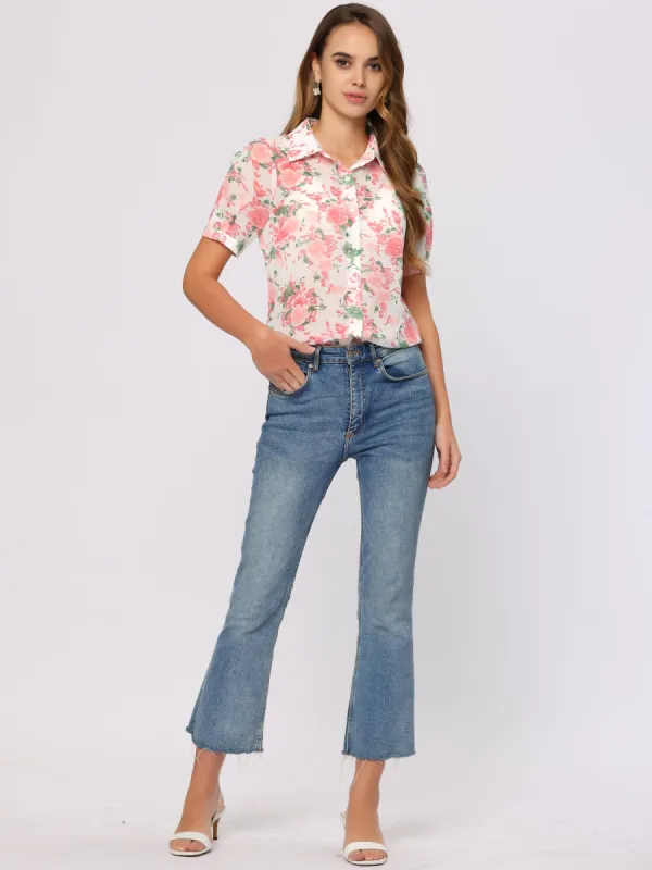 Turndown Collar Puff Sleeve Semi Sheer Chiffon Floral Shirt Top sold by Allegra K