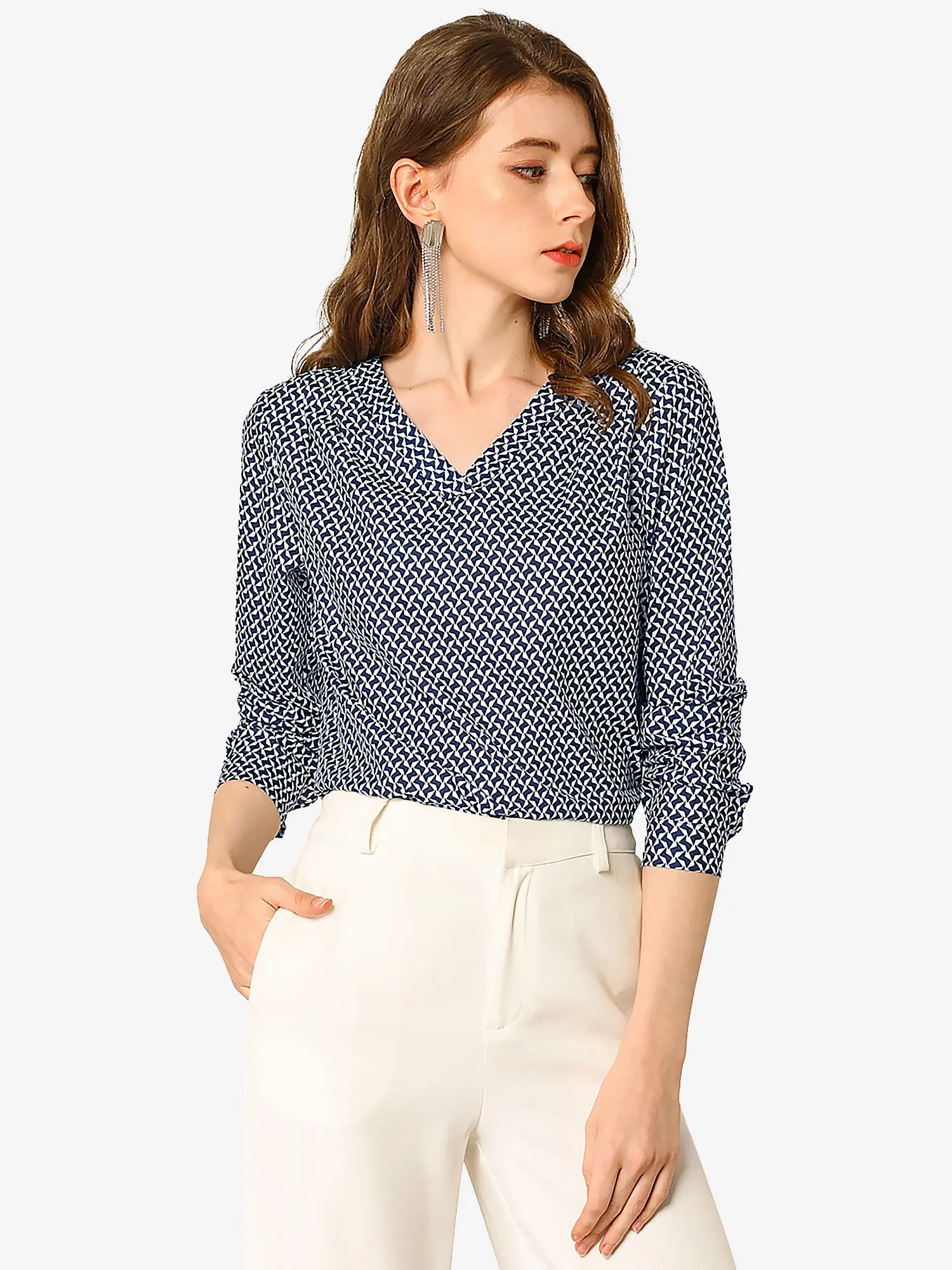 Geometric Printed Top V Neck Long Sleeve Office Blouse sold by Allegra K
