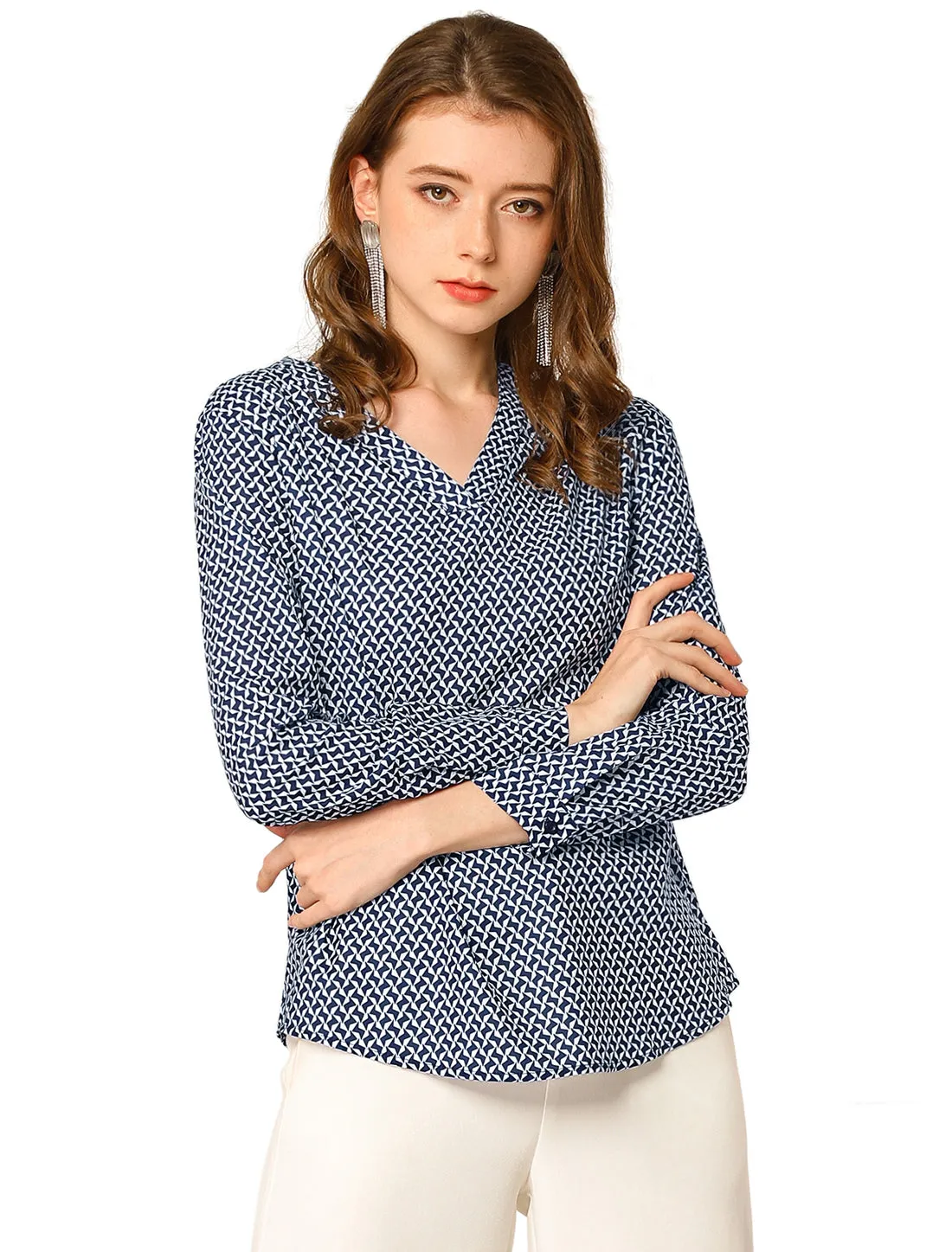 Geometric Printed Top V Neck Long Sleeve Office Blouse sold by Allegra K product image thumbnail 3