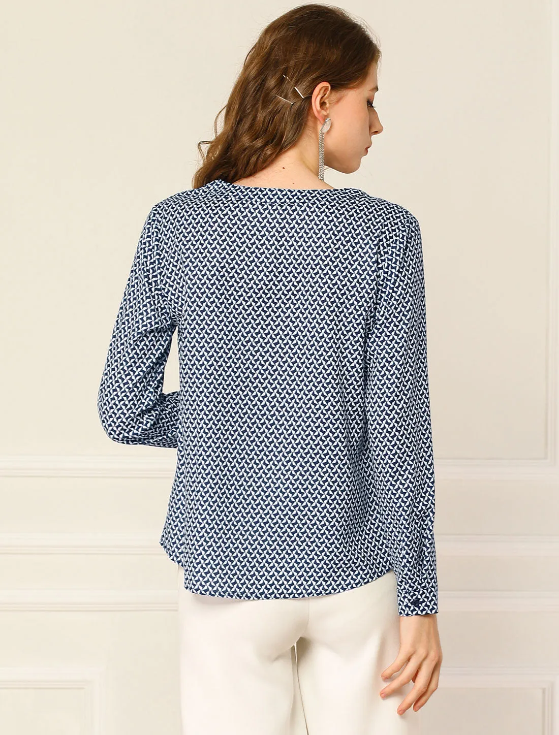 Geometric Printed Top V Neck Long Sleeve Office Blouse sold by Allegra K product image thumbnail 5