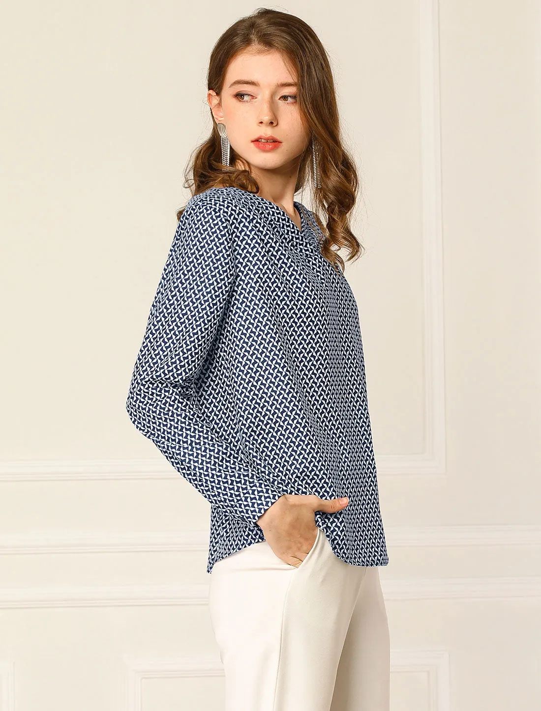 Geometric Printed Top V Neck Long Sleeve Office Blouse sold by Allegra K product image thumbnail 4