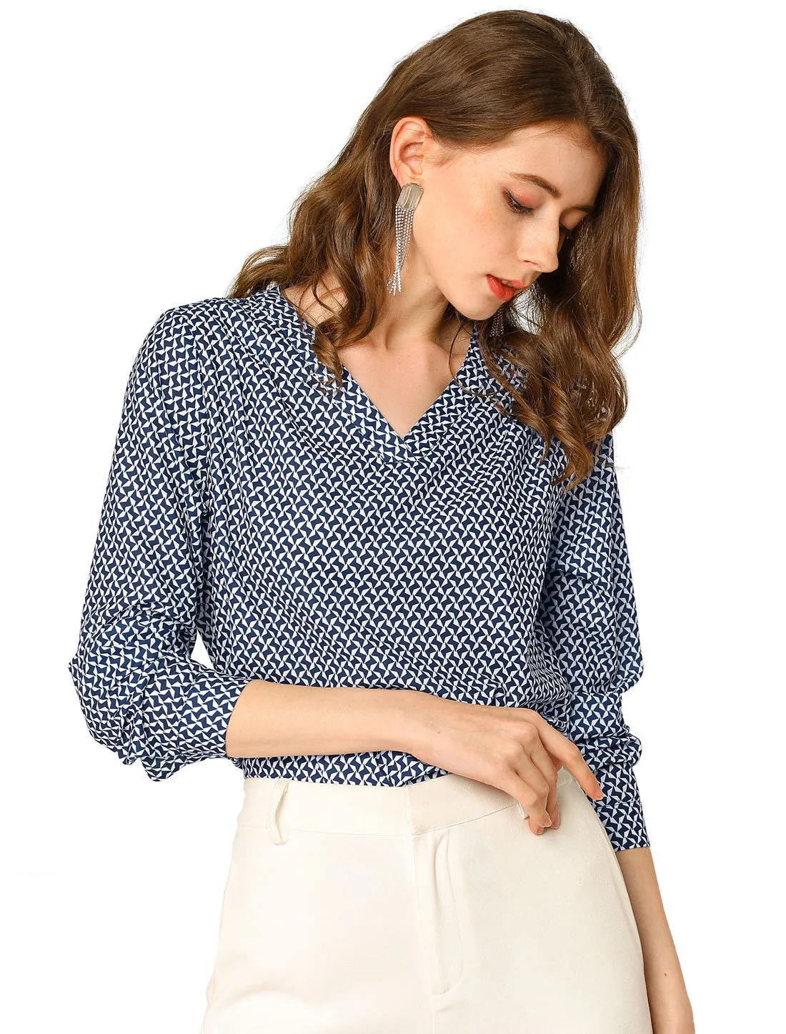 Geometric Printed Top V Neck Long Sleeve Office Blouse sold by Allegra K product image thumbnail 2