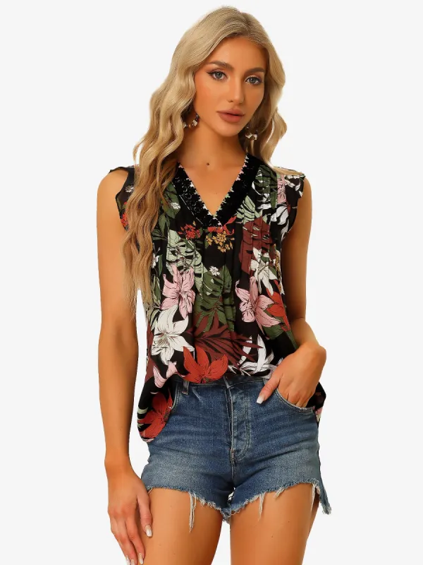 V Neck Lace Crochet Pleated Casual Hawaiian Floral Top sold by Allegra K