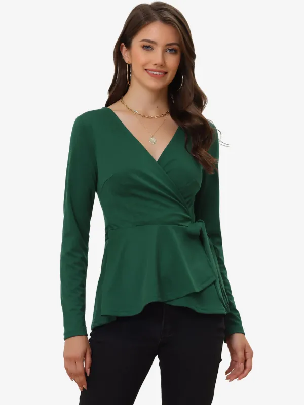 Casual Wrap Peplum V Neck Long Sleeve Tie Waist Knit Blouse sold by Allegra K