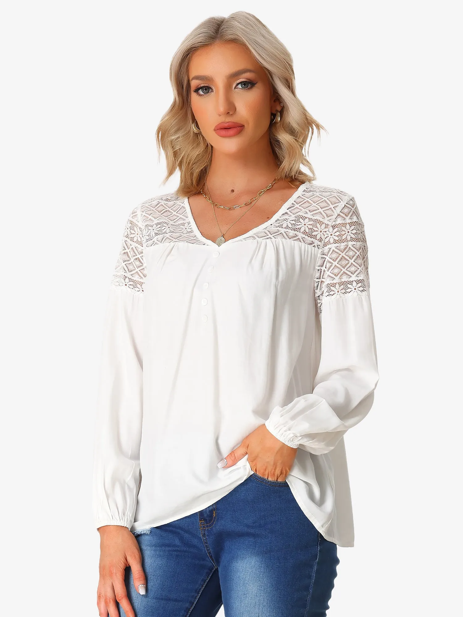 Boho Lace Panel Sheer V Neck Long Sleeve Blouse sold by Allegra K