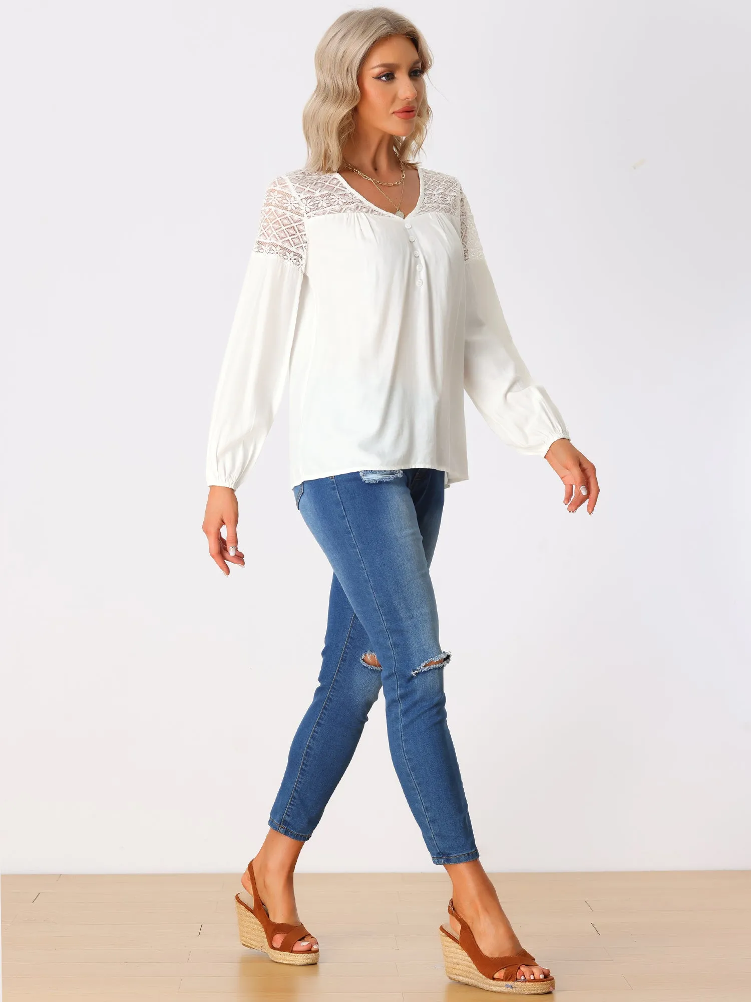 Boho Lace Panel Sheer V Neck Long Sleeve Blouse sold by Allegra K product image thumbnail 4