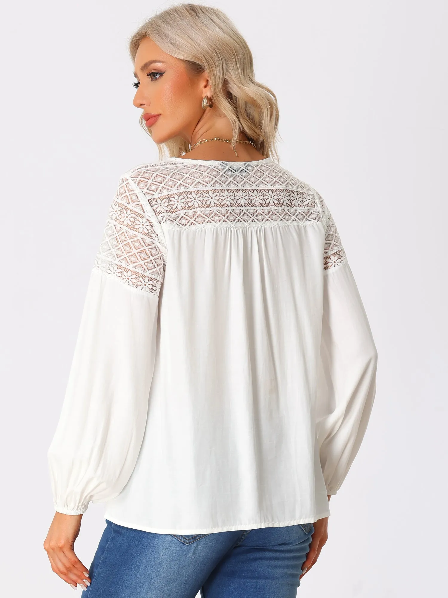 Boho Lace Panel Sheer V Neck Long Sleeve Blouse sold by Allegra K product image thumbnail 3