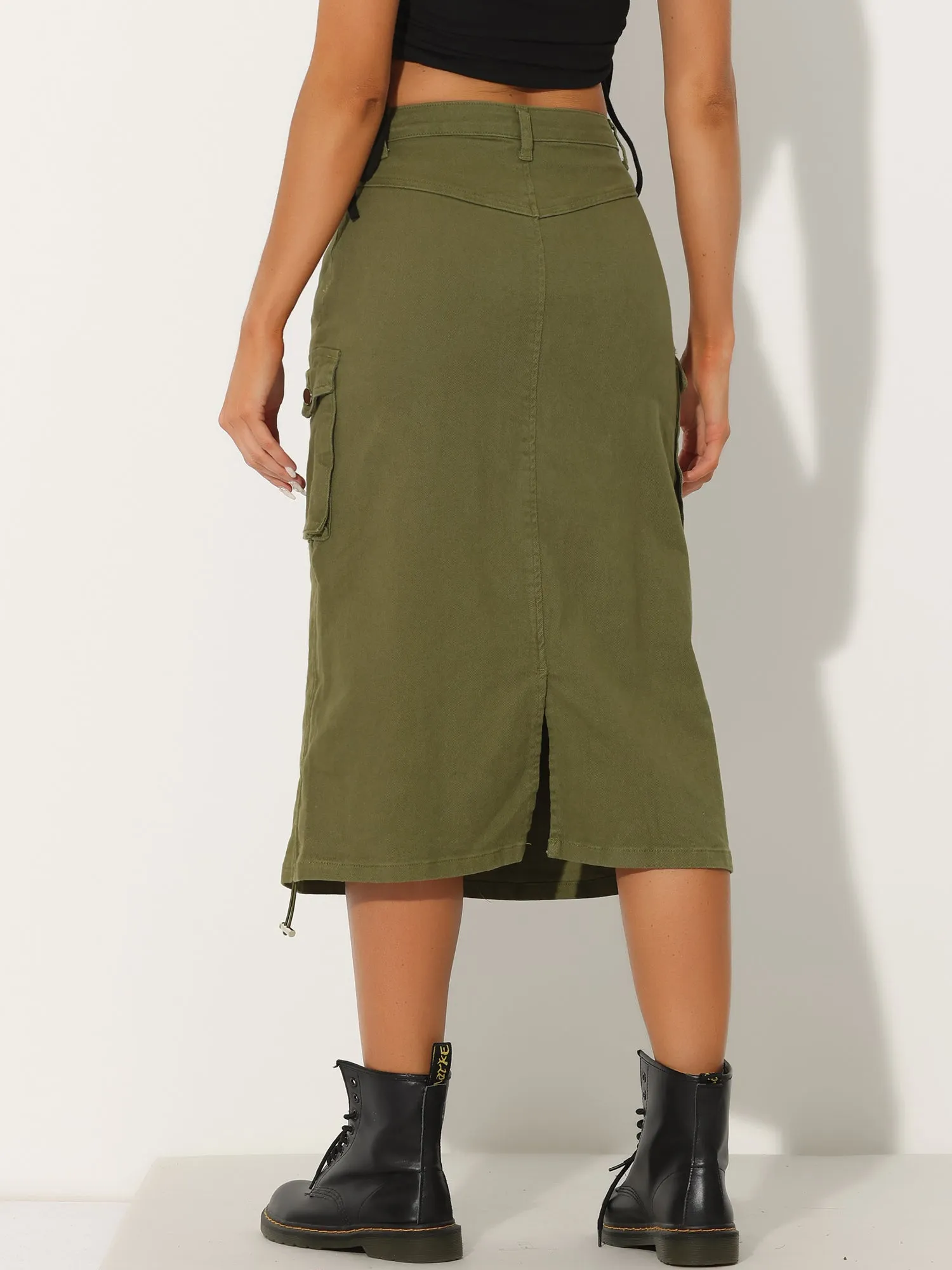 Midi Skirt Flap Pocket Back Slit Drawstring Cargo Skirt sold by Allegra K product image thumbnail 3