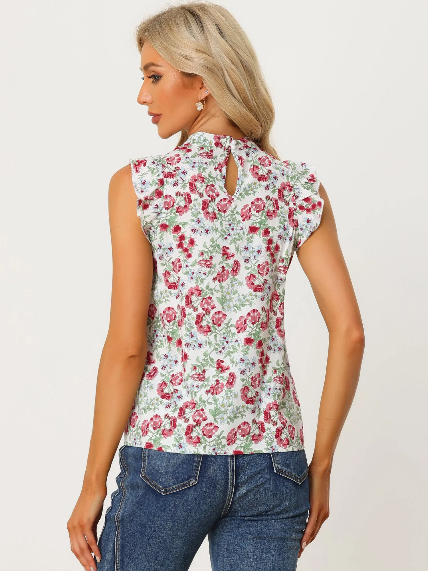 Ruffle Sleeveless Blouse Casual Stand Collar Summer Floral Tank Tops sold by Allegra K product image thumbnail 3
