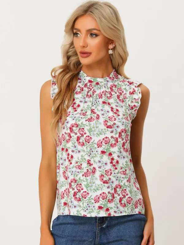 Ruffle Sleeveless Blouse Casual Stand Collar Summer Floral Tank Tops sold by Allegra K