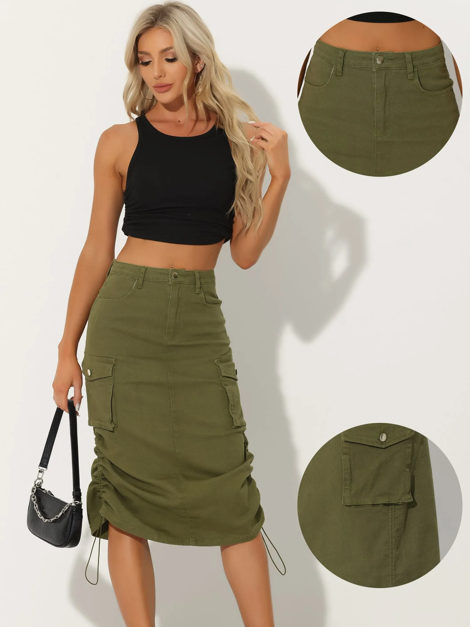 Midi Skirt Flap Pocket Back Slit Drawstring Cargo Skirt sold by Allegra K product image thumbnail 2