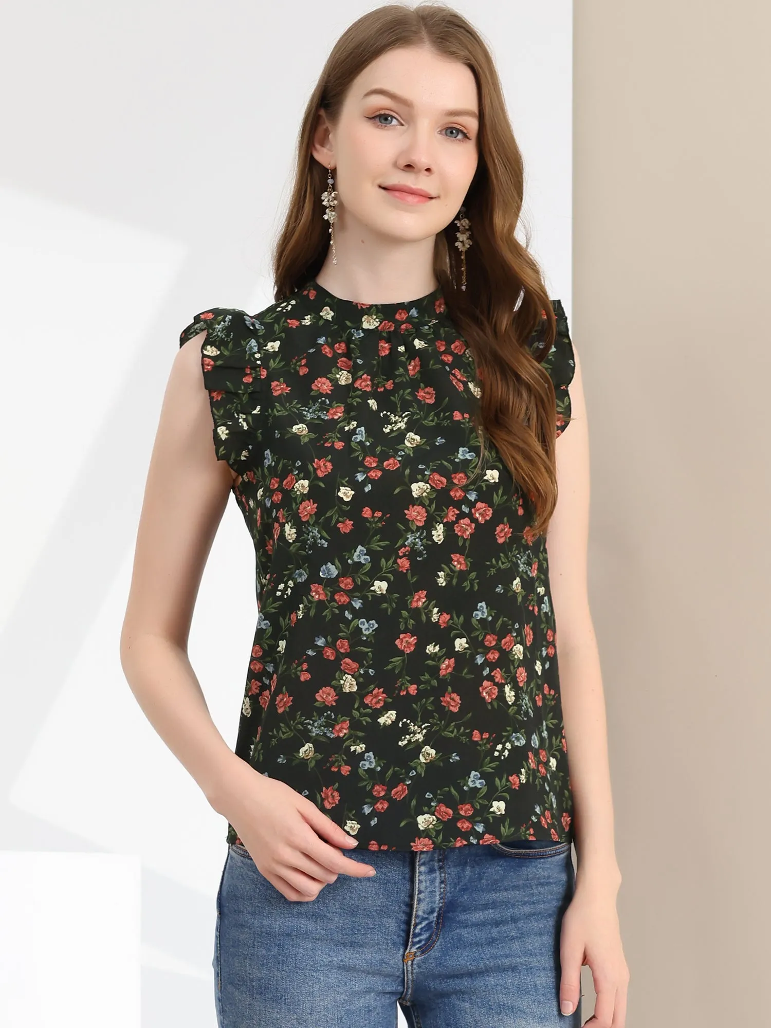 Ruffle Sleeveless Blouse Casual Stand Collar Summer Floral Tank Tops sold by Allegra K product image thumbnail 5
