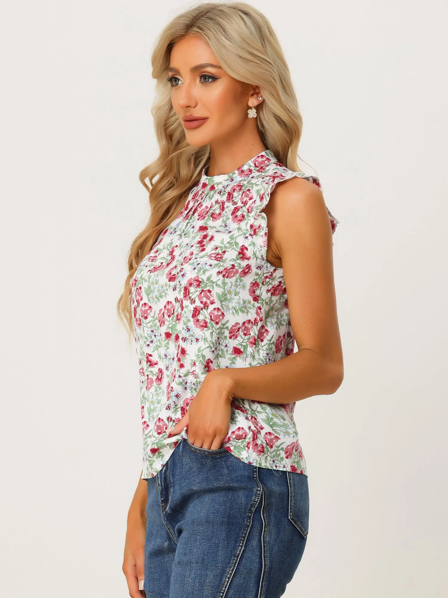 Ruffle Sleeveless Blouse Casual Stand Collar Summer Floral Tank Tops sold by Allegra K product image thumbnail 2