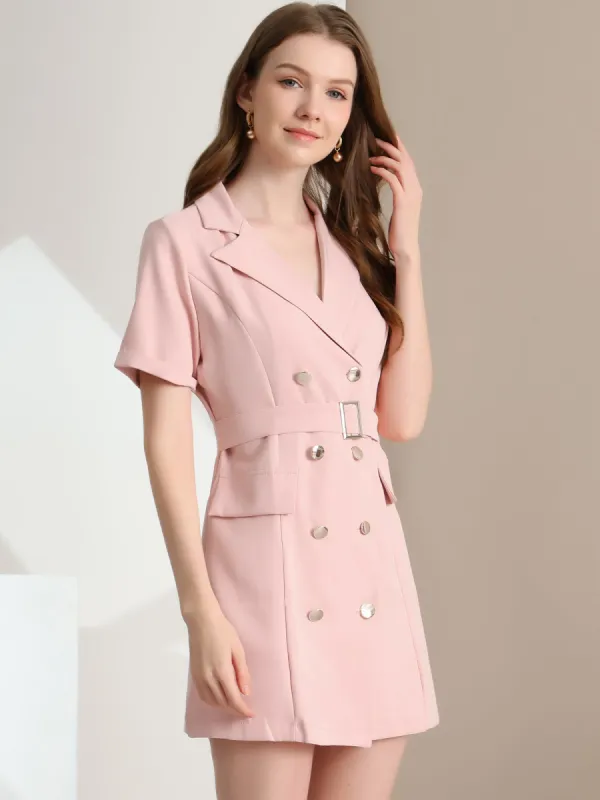 Notched Lapel Double Breasted Casual Work Office Belted Blazer Dress sold by Allegra K