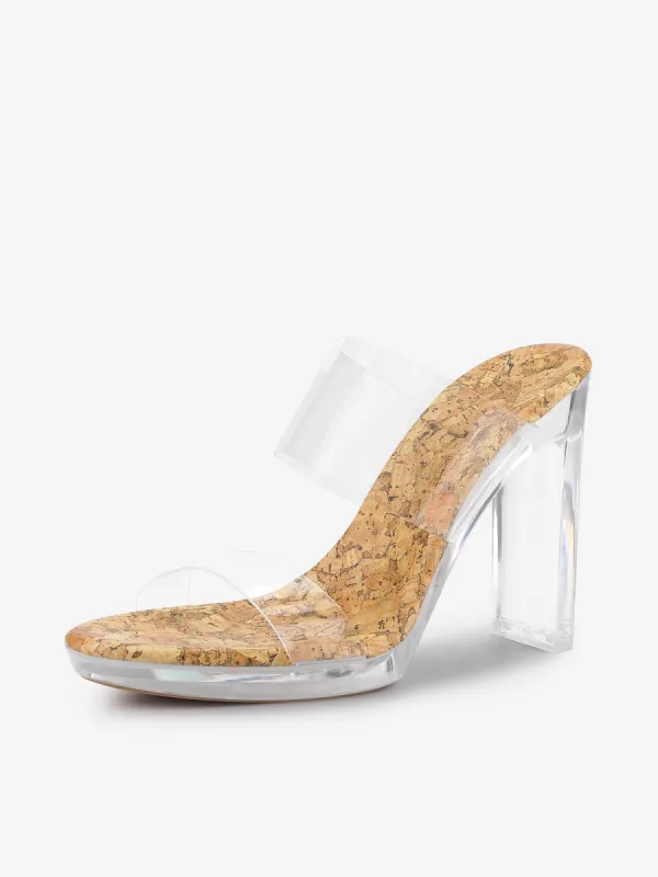 Wood Print Platform Clear Chunky Heel Slide Sandals made by Allegra K