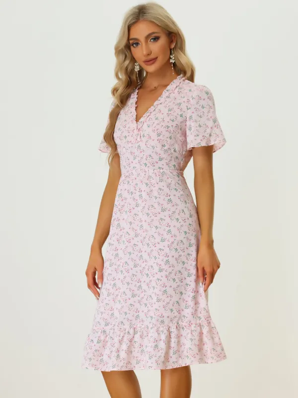 Casual Summer Ruffle Short Sleeve V Neck Floral Print Midi Dress sold by Allegra K