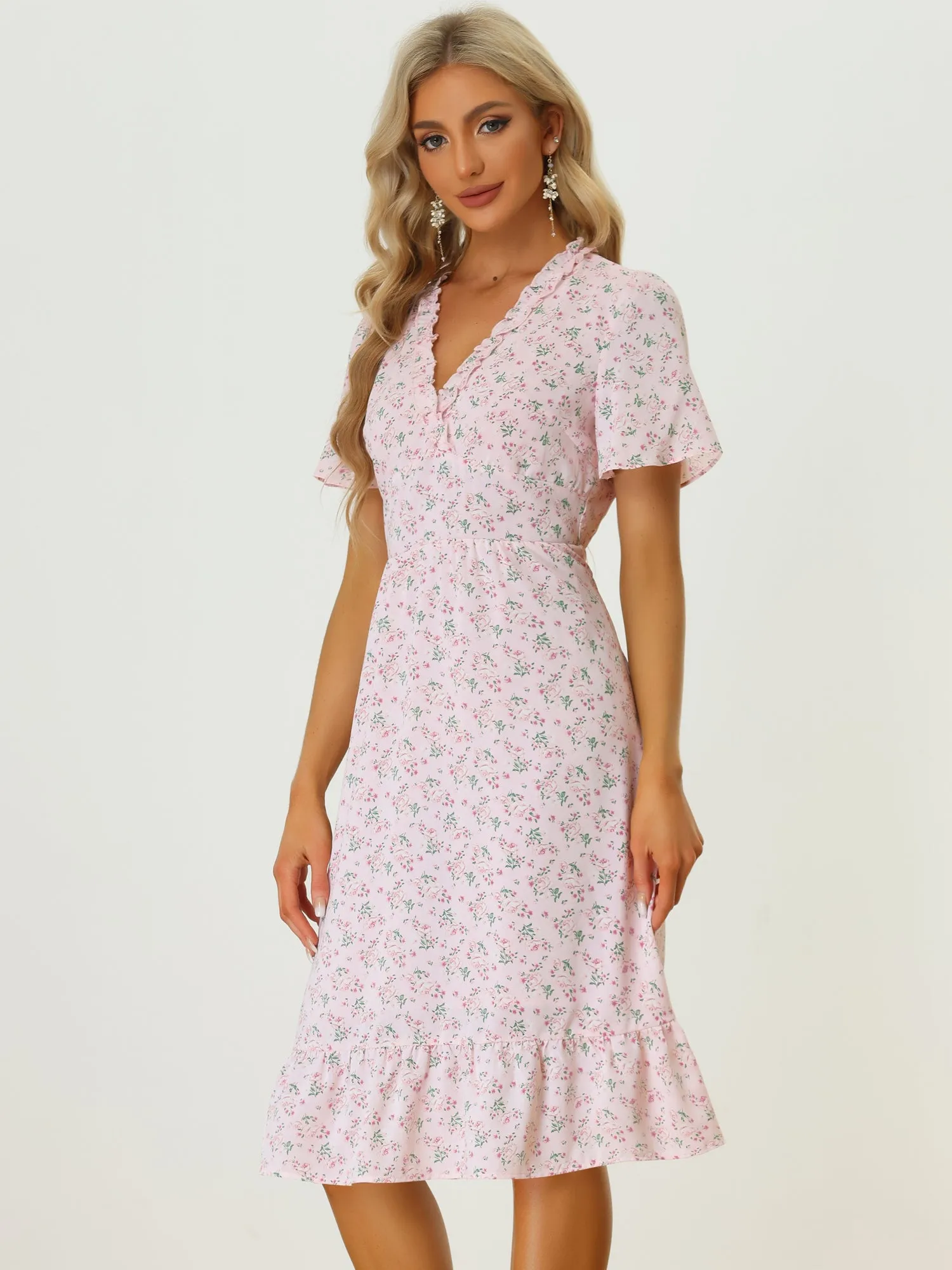 Casual Summer Ruffle Short Sleeve V Neck Floral Print Midi Dress sold by Allegra K