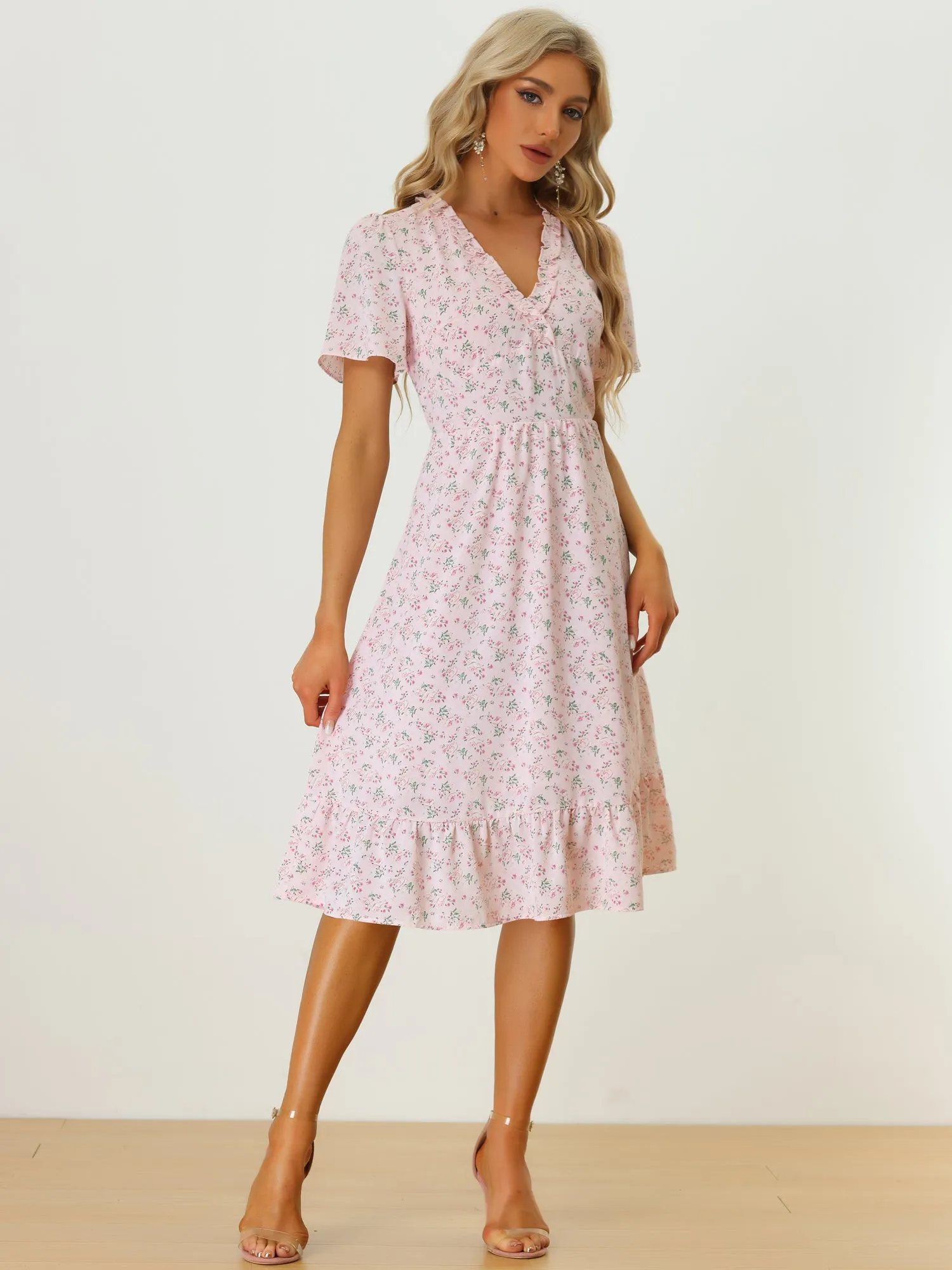 Casual Summer Ruffle Short Sleeve V Neck Floral Print Midi Dress sold by Allegra K product image thumbnail 2