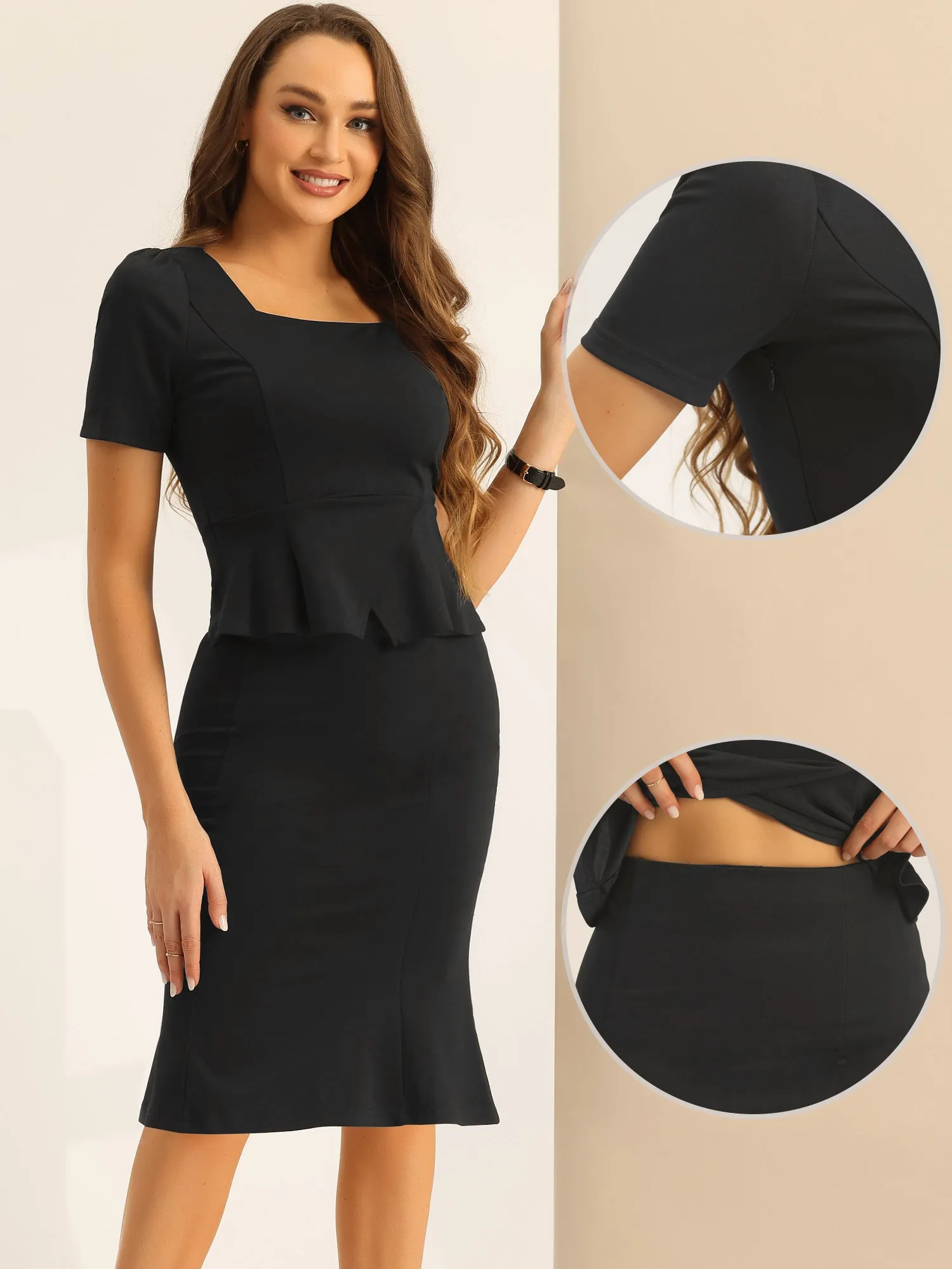 2PCS Square Neck Peplum Blouse Fishtail Bodycon Skirt Business Set sold by Allegra K