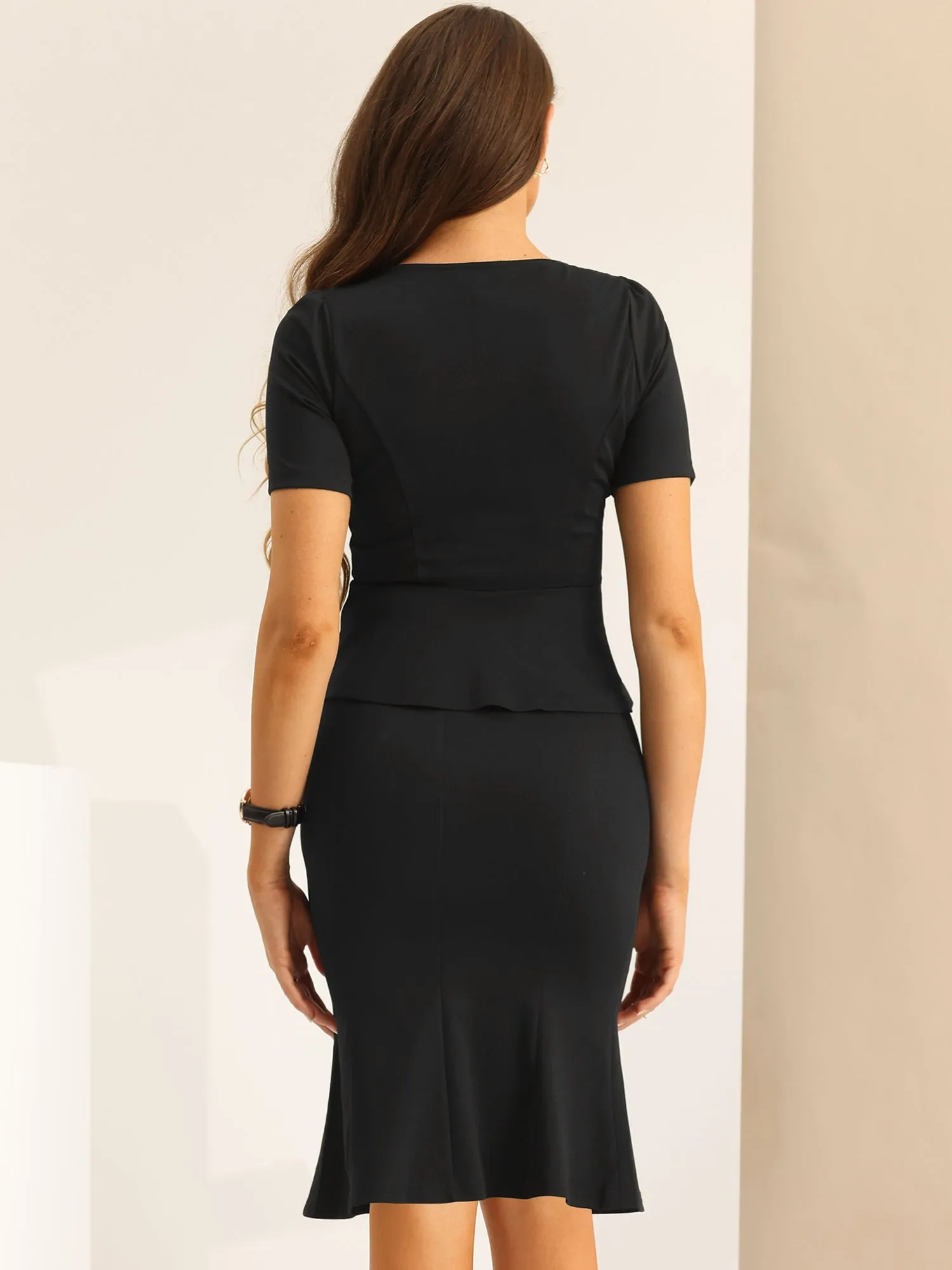 2PCS Square Neck Peplum Blouse Fishtail Bodycon Skirt Business Set sold by Allegra K product image thumbnail 2