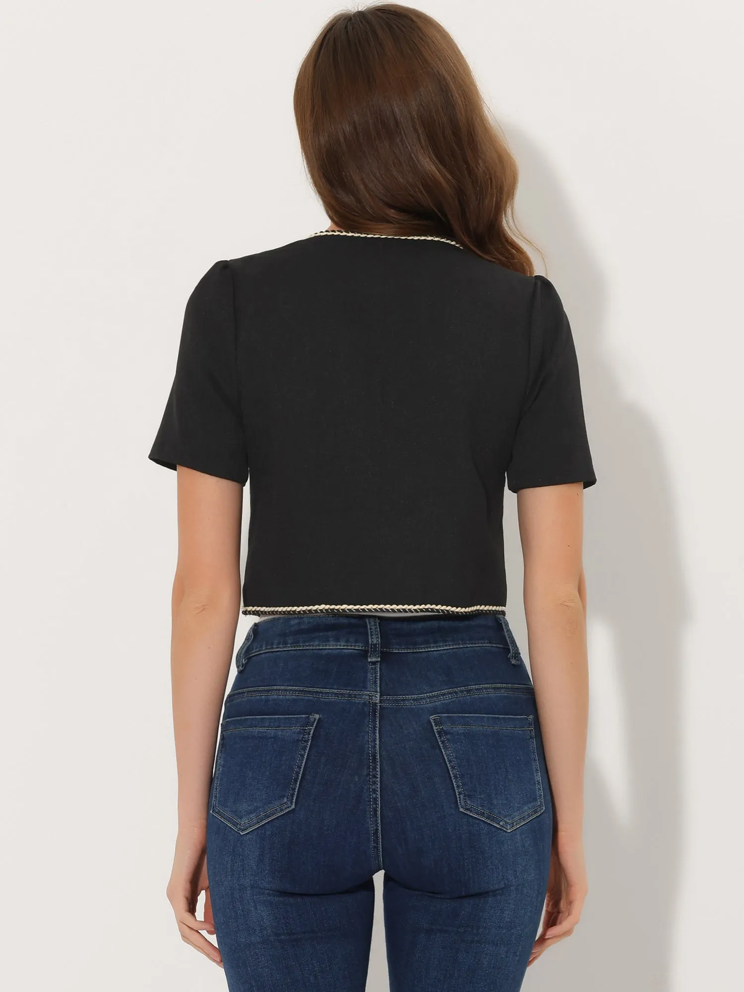 Contrast Trim V Neck Short Sleeve Single Breasted Cropped Blazer Jacket sold by Allegra K product image thumbnail 3