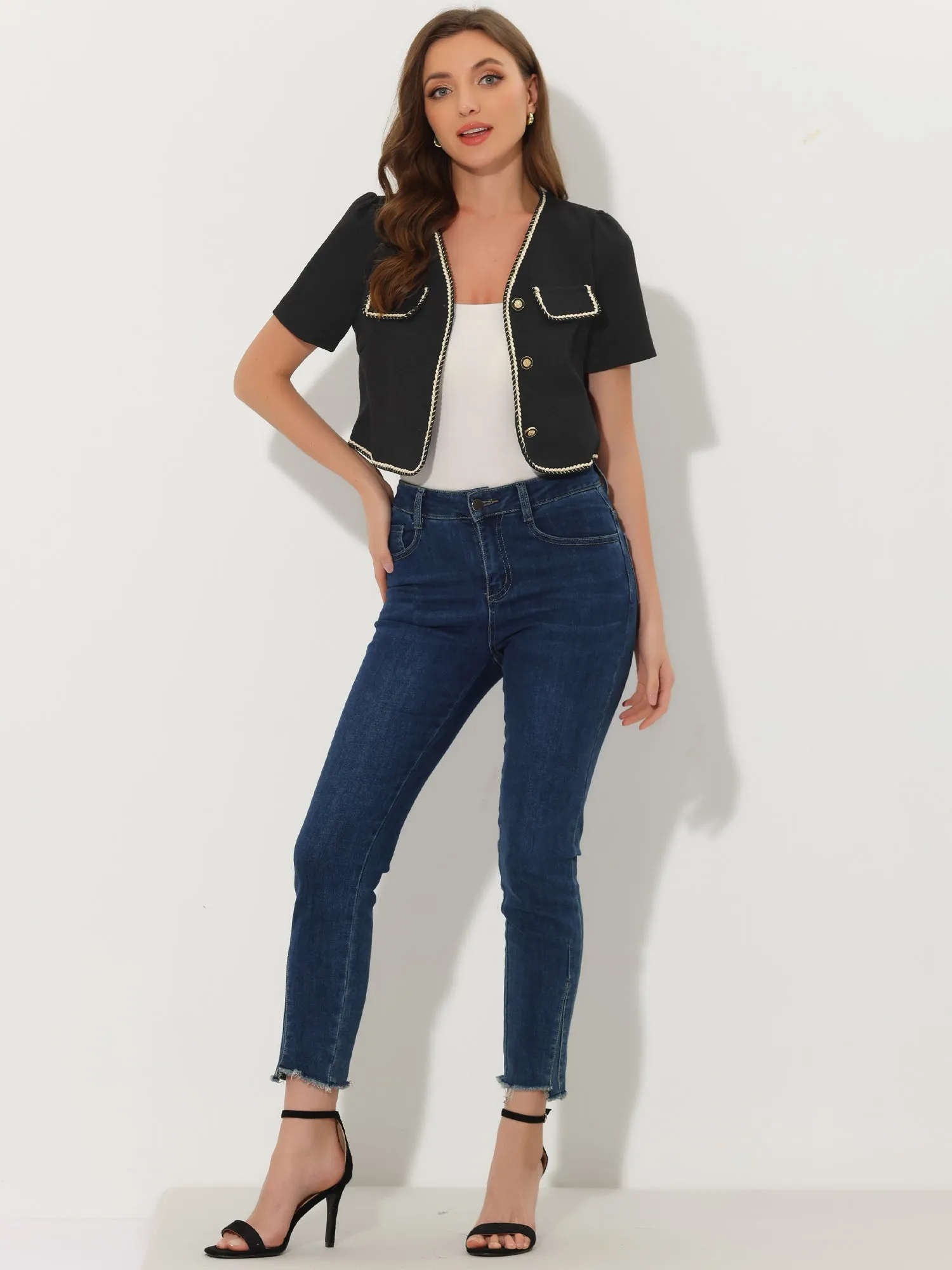 Contrast Trim V Neck Short Sleeve Single Breasted Cropped Blazer Jacket sold by Allegra K product image thumbnail 4