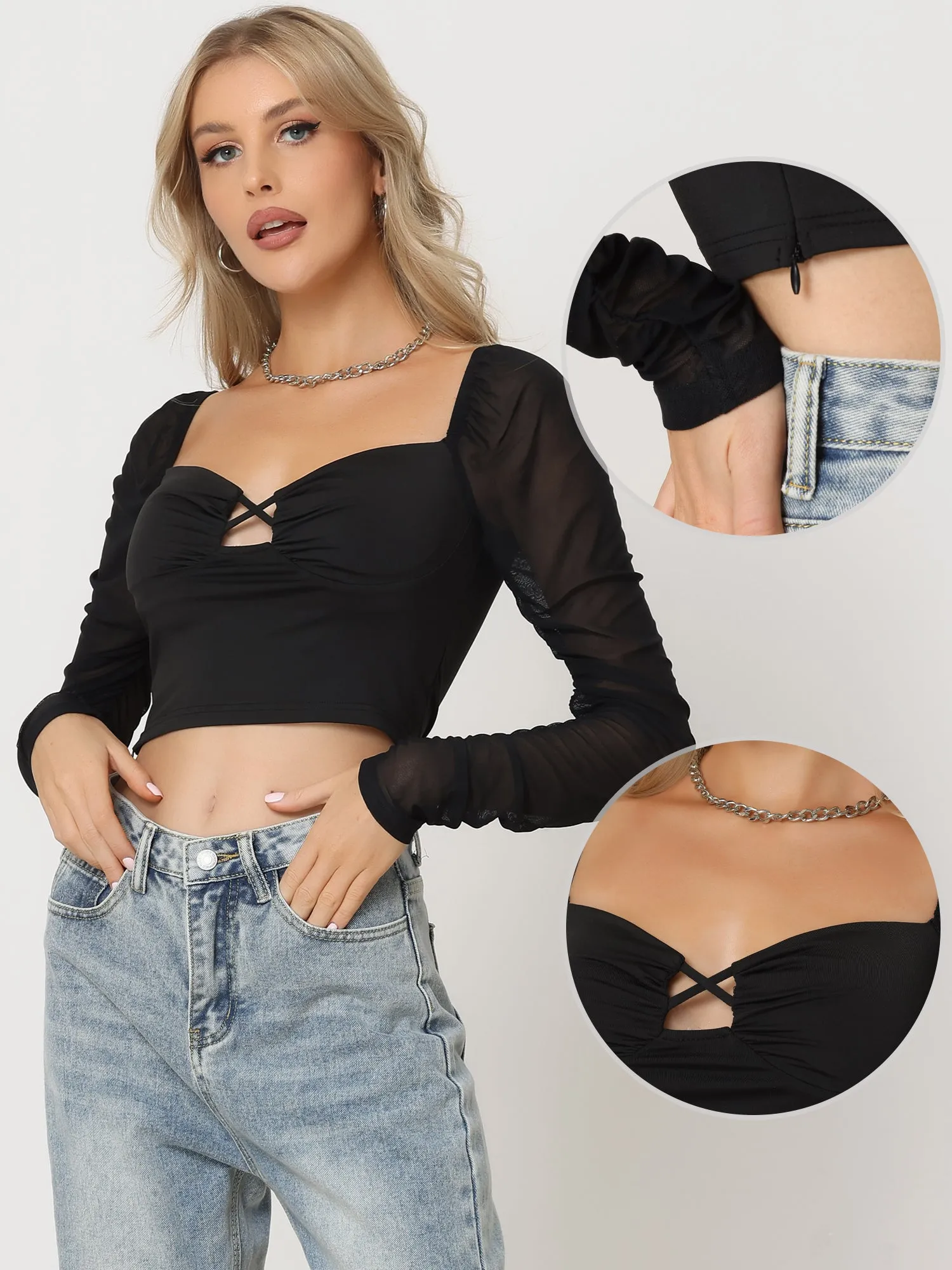 Sweetheart Neck Mesh Sleeve Slim Fit Clubwear Cropped Top sold by Allegra K product image thumbnail 2