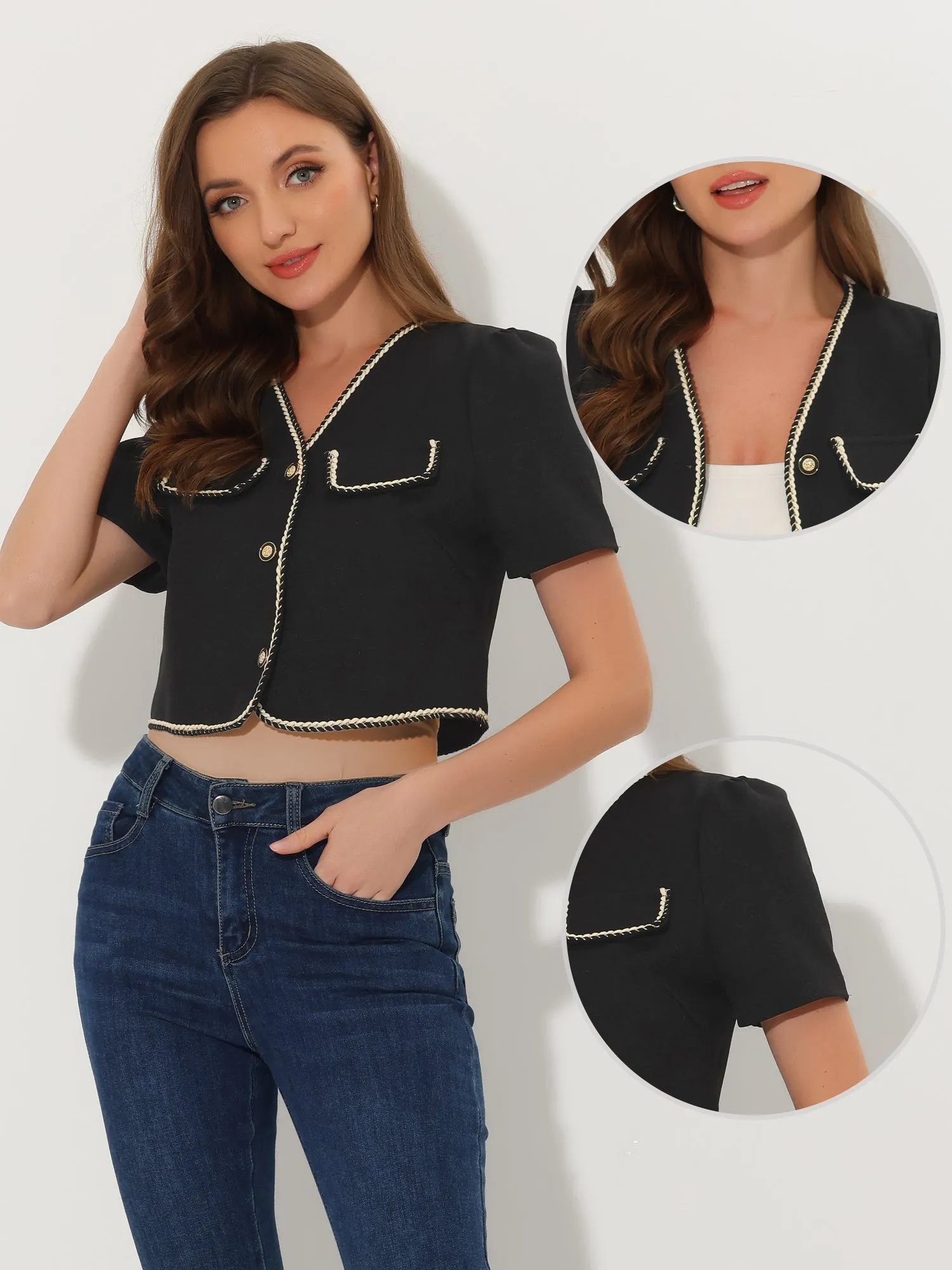 Contrast Trim V Neck Short Sleeve Single Breasted Cropped Blazer Jacket sold by Allegra K product image thumbnail 2